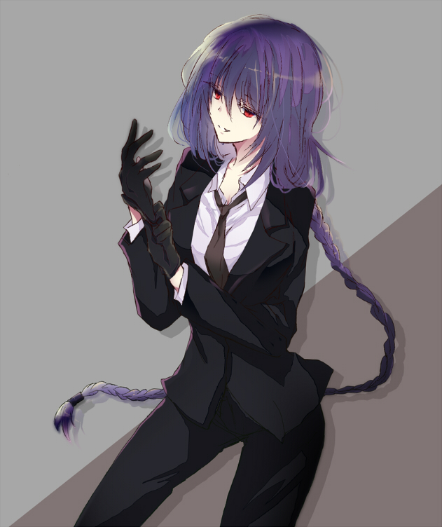 1girl adjusting_clothes adjusting_gloves alternate_costume black_gloves black_jacket black_necktie black_pants braid collared_shirt gloves grey_background half-closed_eyes houkiri_nemu jacket long_hair melty_blood necktie pants purple_hair red_eyes shirt single_braid sion_eltnam_atlasia sion_tatari smile solo standing tsukihime two-tone_background very_long_hair white_shirt