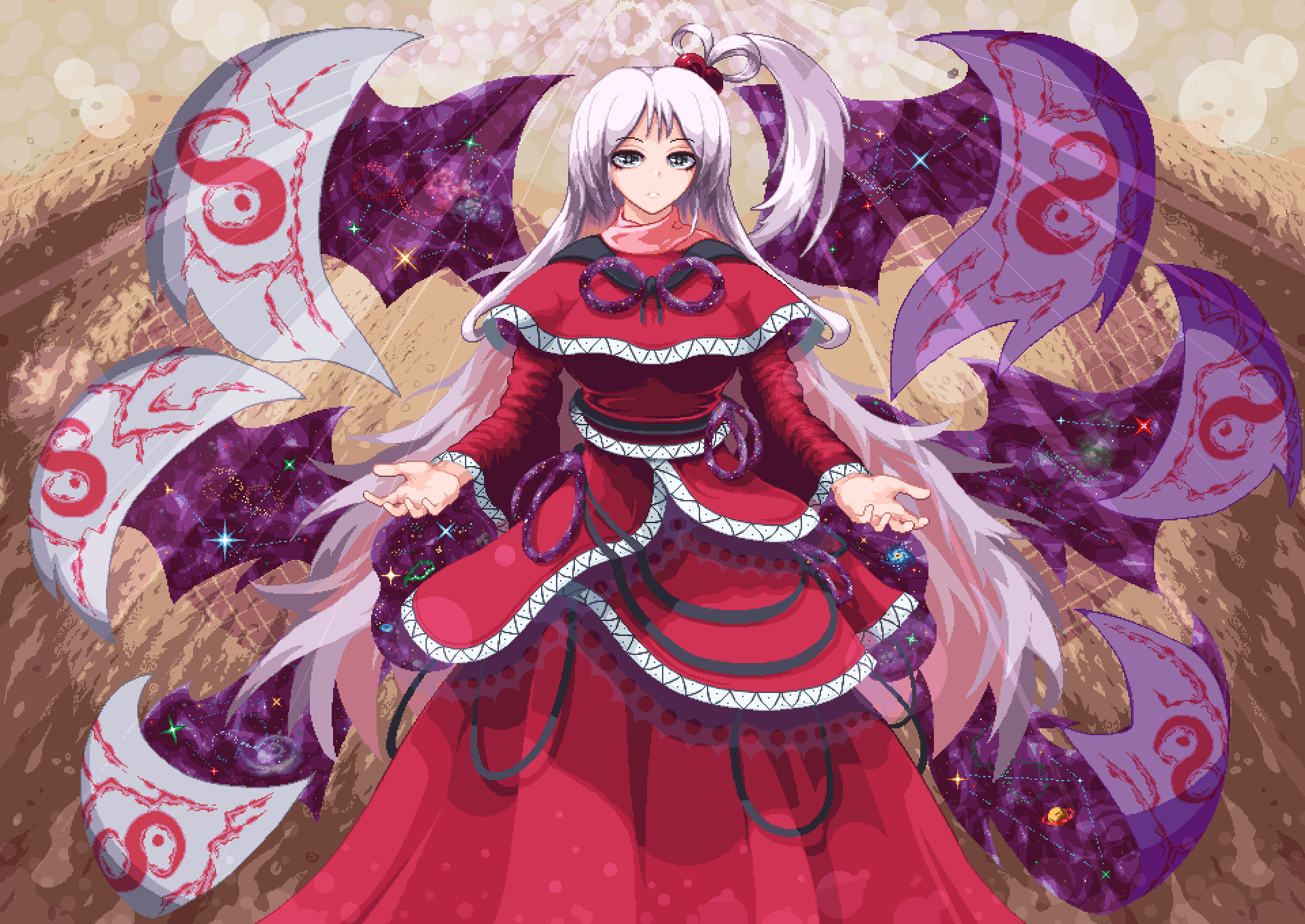 capelet demon_wings dress grey_eyes hair_bobbles hair_ornament highres infinity layered_skirt light_rays long_hair looking_at_viewer multiple_wings nukekip purple_wings red_dress ribbon shinki_(touhou) side_ponytail silver_hair skirt solo touhou touhou_(pc-98) turtleneck white_wings wings