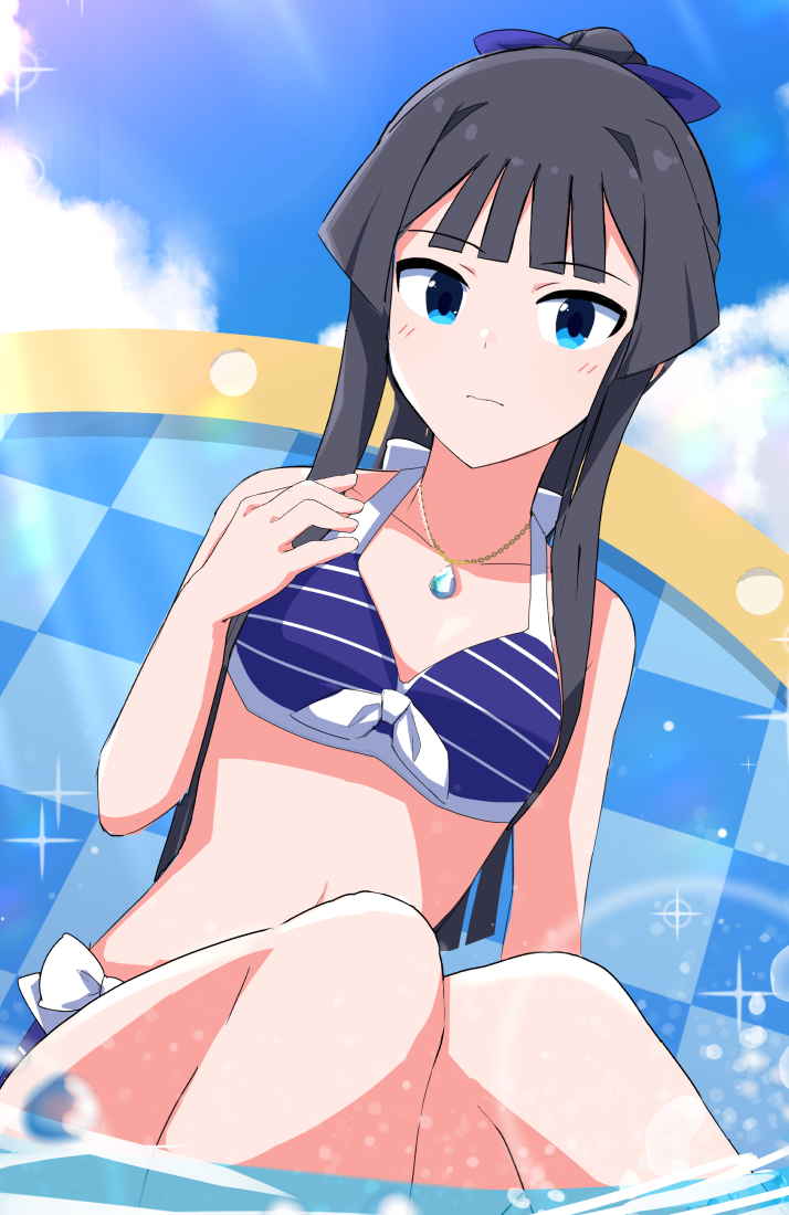 1girl bangs bikini black_hair blue_bikini blue_bow blue_eyes blue_sky blunt_bangs blush bow closed_mouth clouds collarbone commentary_request eyebrows_visible_through_hair hair_bow idolmaster idolmaster_million_live! jewelry long_hair looking_at_viewer mogami_shizuka necklace outdoors ponytail sky solo sparkle striped striped_bikini swimsuit trinitro_t water