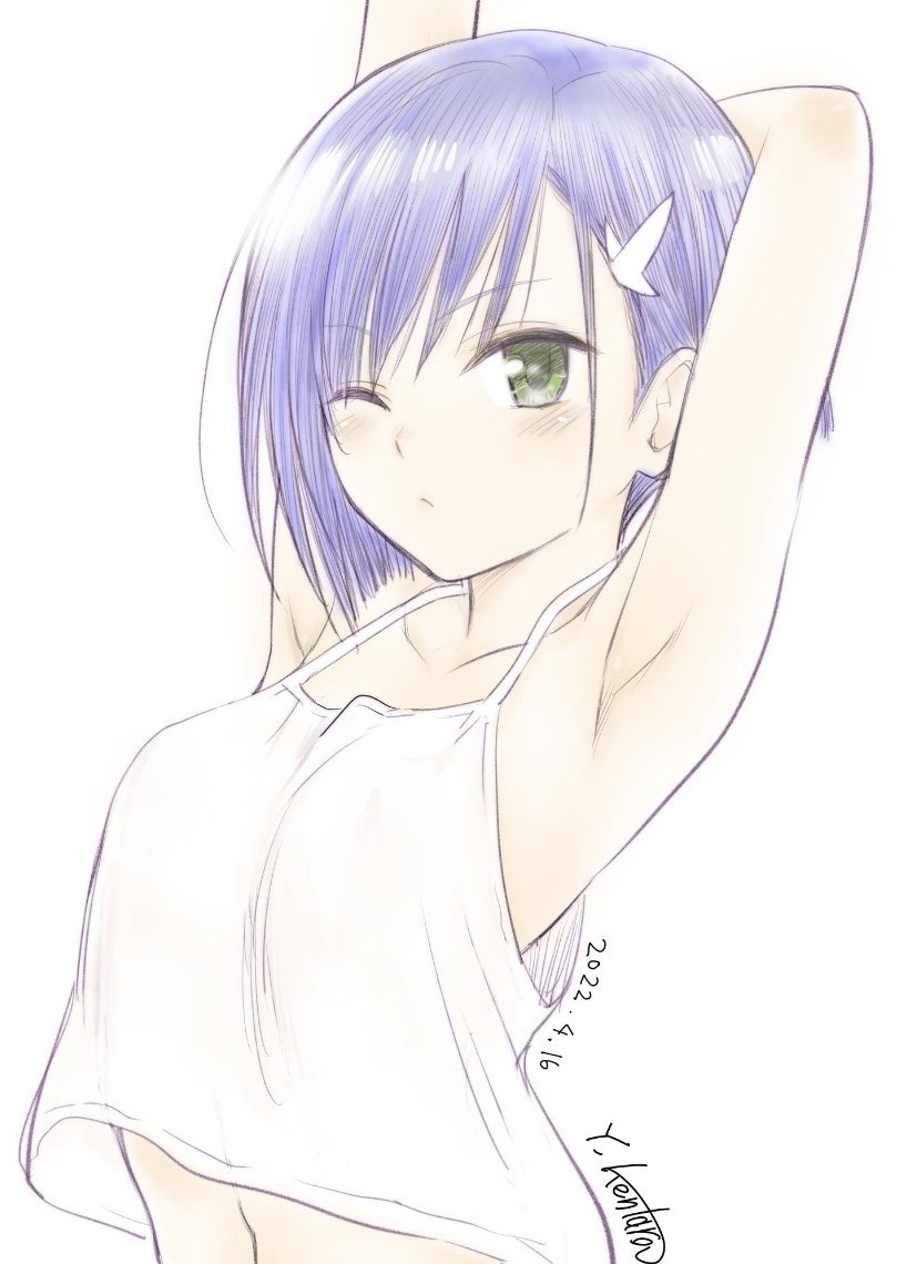 1girl 2022 artist_name blue_hair blush commentary_request darling_in_the_franxx dated green_eyes hair_ornament hairclip ichigo_(darling_in_the_franxx) looking_at_viewer official_art one_eye_closed short_hair signature simple_background sketch solo stretch white_background yabuki_kentarou