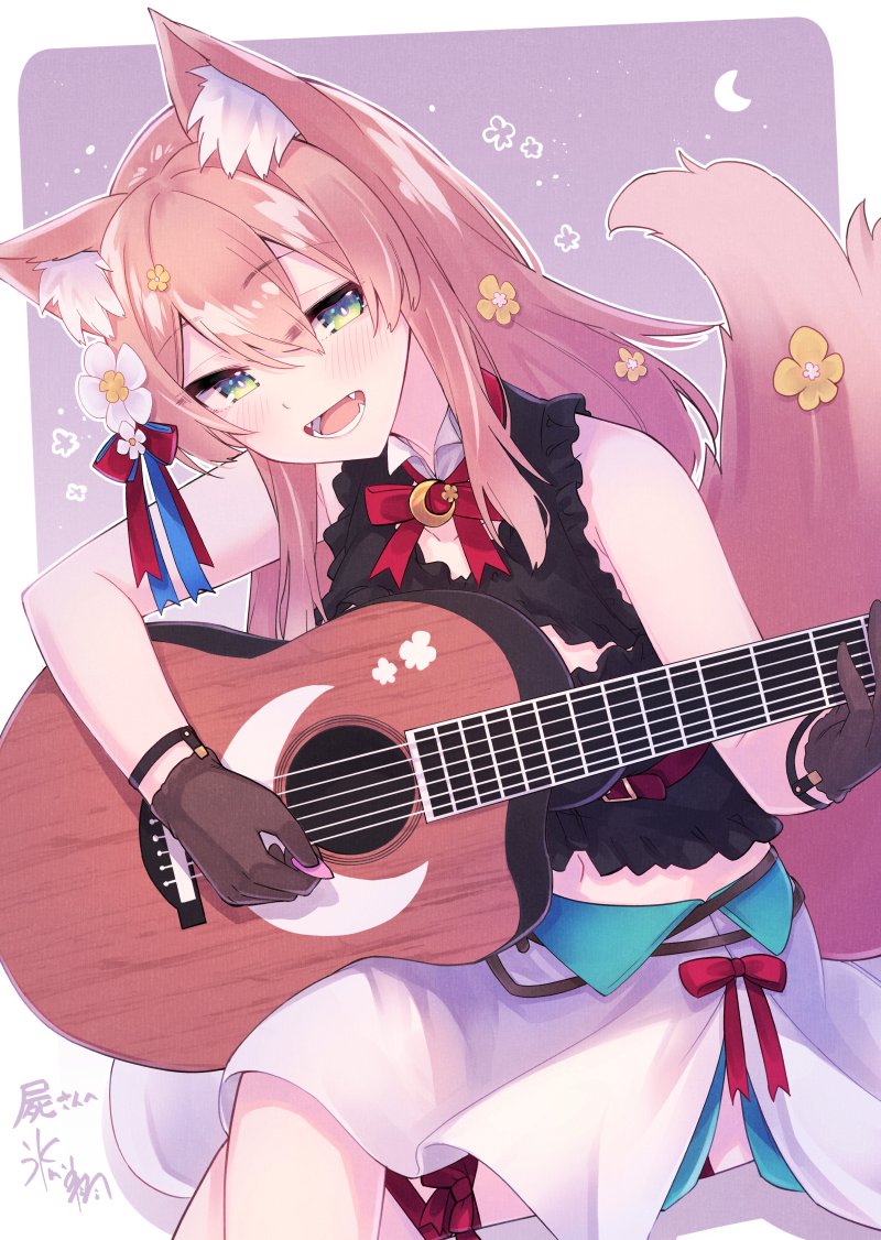 1girl acoustic_guitar animal_ear_fluff animal_ears black_shirt blush brown_gloves commentary_request commission crescent crescent_moon crossed_legs flower gloves green_eyes guitar hair_flower hair_ornament hikawa_shou hizuki_rurufu holding holding_instrument holding_plectrum instrument looking_at_viewer midriff moon music navel open_mouth playing_instrument plectrum shirt signature skeb_commission skirt sleeveless sleeveless_shirt smile snack_nili solo tail virtual_youtuber white_flower white_skirt wolf_ears wolf_girl wolf_tail yellow_flower