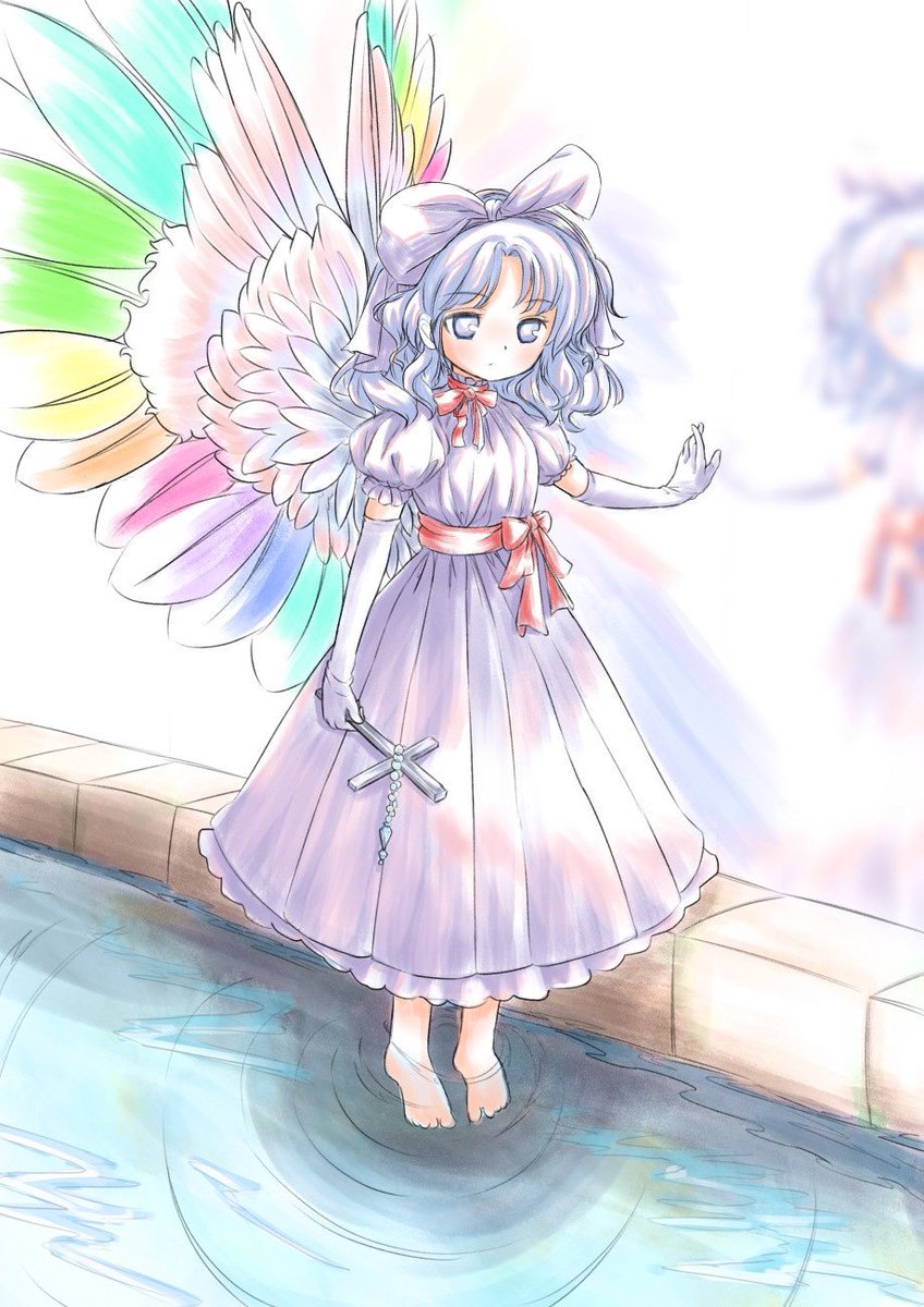 1980s_(style) bad_id bad_twitter_id barefoot blue_eyes blue_hair bow commentary_request cross dress elbow_gloves expressionless feathered_wings frilled_dress frills full_body gloves hair_bow highres holding holding_cross mai_(touhou) medium_hair multicolored_wings pink_bow pink_dress red_ribbon red_sash retro_artstyle ribbon sash sketch takemoto_izumi_(style) touhou touhou_(pc-98) water wavy_hair white_gloves white_wings wings yatyou