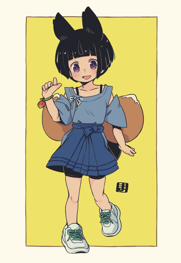 1girl :d animal_ears bangs bike_shorts black_hair black_shorts blue_shirt blue_skirt blush brown_background collarbone commentary_request eyebrows_visible_through_hair fang fox_ears fox_girl fox_tail full_body hand_up kitsune kukuri_(mawaru) looking_at_viewer mawaru_(mawaru) original pleated_skirt shirt shoes short_hair short_shorts short_sleeves shorts shorts_under_skirt skirt smile solo standing standing_on_one_leg tail two-tone_background violet_eyes white_footwear wide_sleeves yellow_background