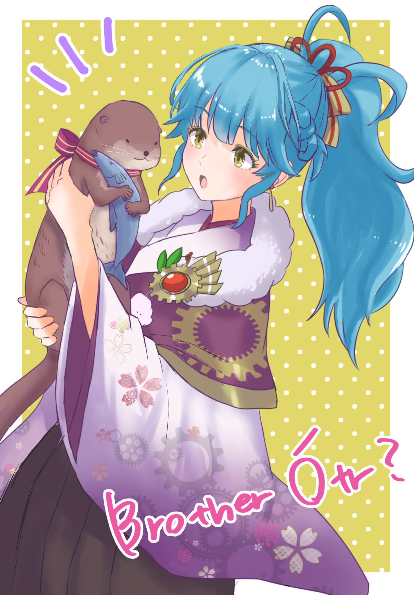 1girl :o animal bangs blue_hair braid earrings eyebrows_visible_through_hair fire_emblem fire_emblem_heroes fish highres holding holding_animal japanese_clothes jewelry kimono long_hair long_sleeves official_alternate_costume otter ponytail pun reginn_(fire_emblem) snow20200 wide_sleeves yellow_eyes