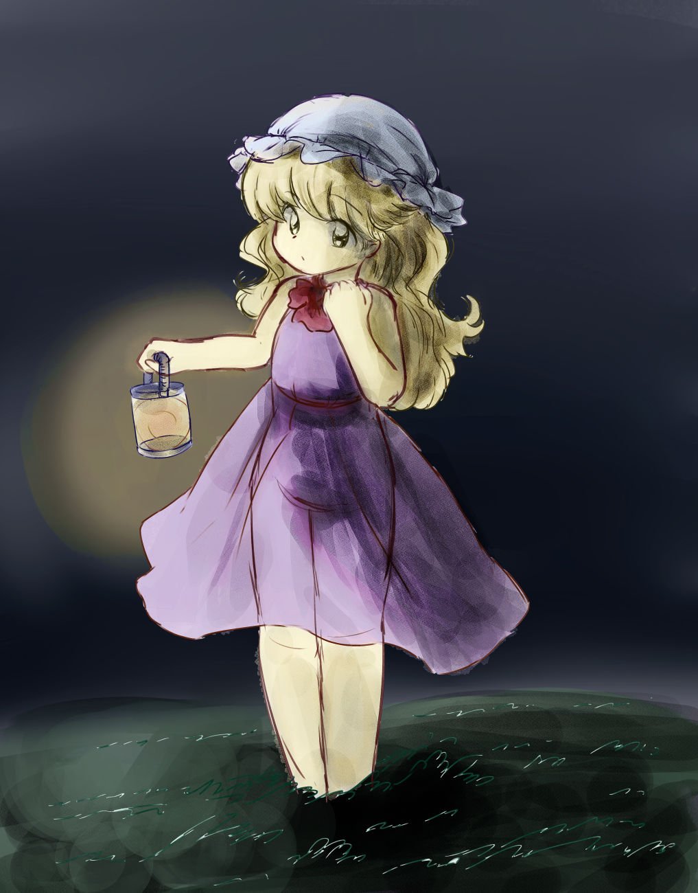 1980s_(style) 1girl :d ^_^ bad_id bad_twitter_id blonde_hair closed_eyes closed_mouth dress hat highres holding_lamp long_hair maribel_hearn mob_cap purple_dress retro_artstyle see-through_dress sketch sleeveless sleeveless_dress smile standing takemoto_izumi_(style) touhou water white_headwear yatyou yellow_eyes