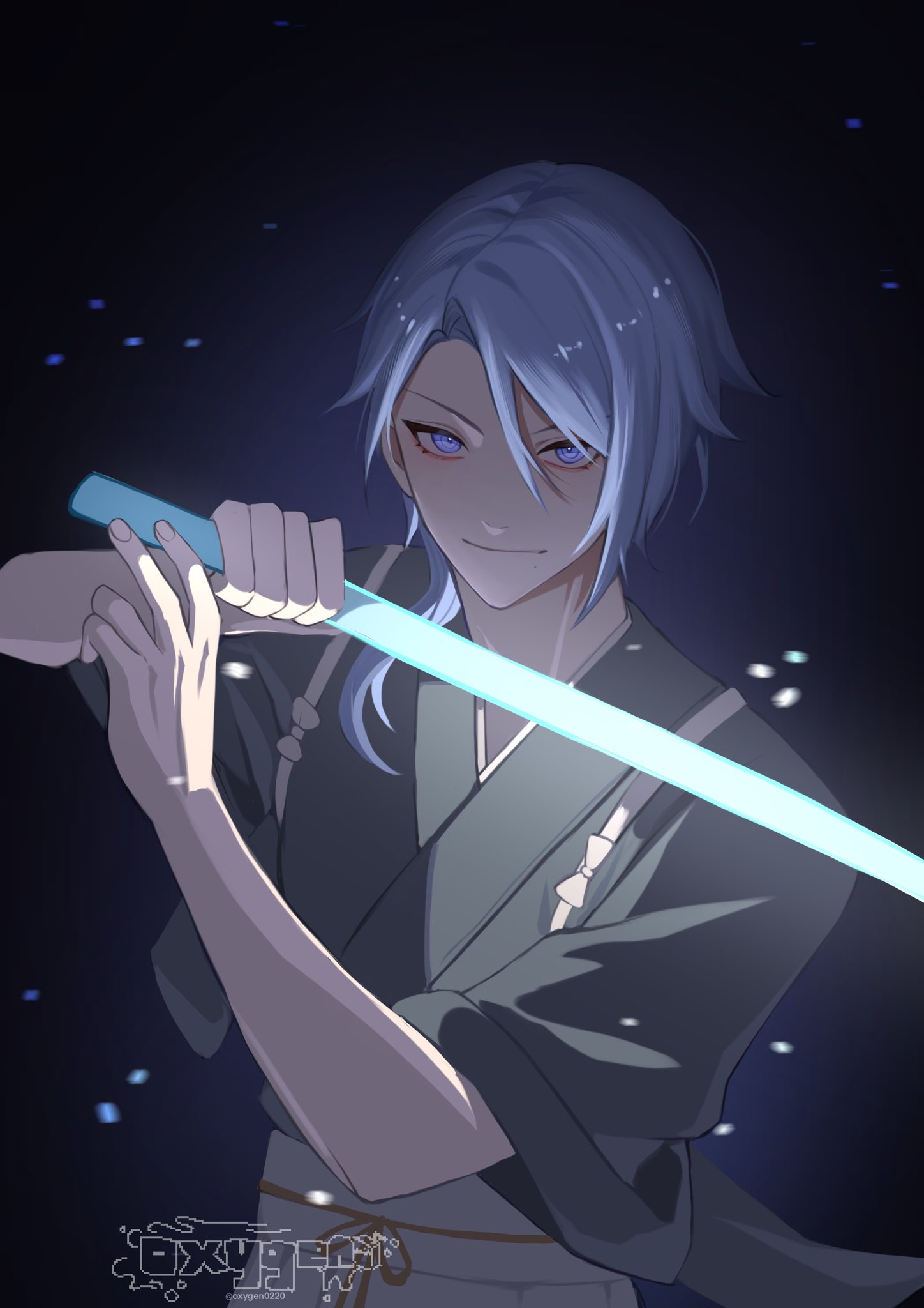 1boy bangs blue_eyes blue_hair closed_mouth dark dark_background genshin_impact highres holding holding_weapon japanese_clothes kamisato_ayato long_hair male_focus mole mole_under_mouth oxygen_(0220) sword tagme twitter_username weapon