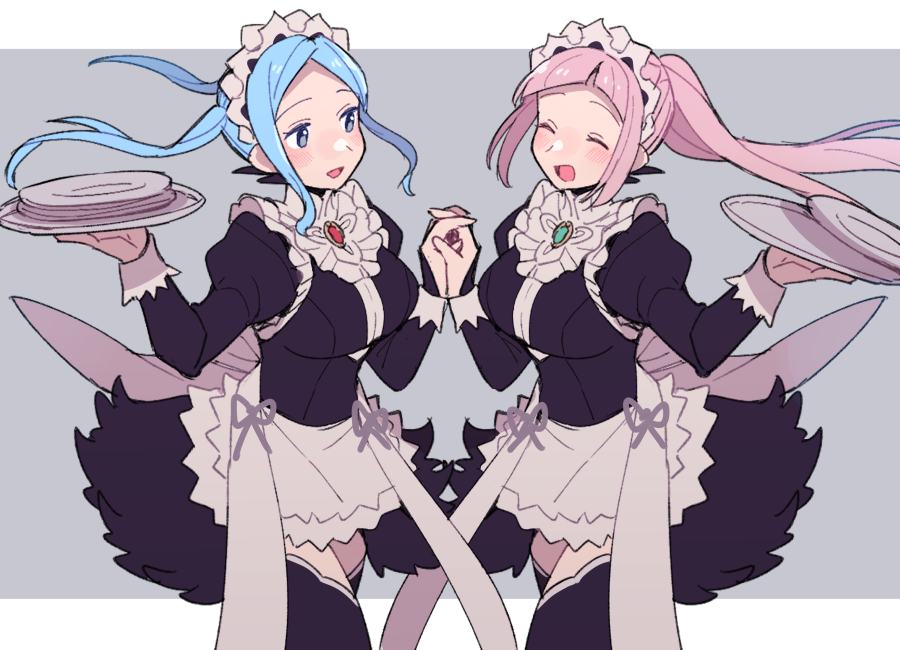 2girls :d apron bangs black_dress blue_hair blush bridal_gauntlets do_m_kaeru dress felicia_(fire_emblem) fire_emblem fire_emblem_fates flora_(fire_emblem) frills grey_eyes holding holding_hands holding_plate long_hair long_sleeves maid maid_headdress multiple_girls open_mouth pink_hair plate ponytail siblings simple_background sisters smile twins twintails waist_apron white_apron