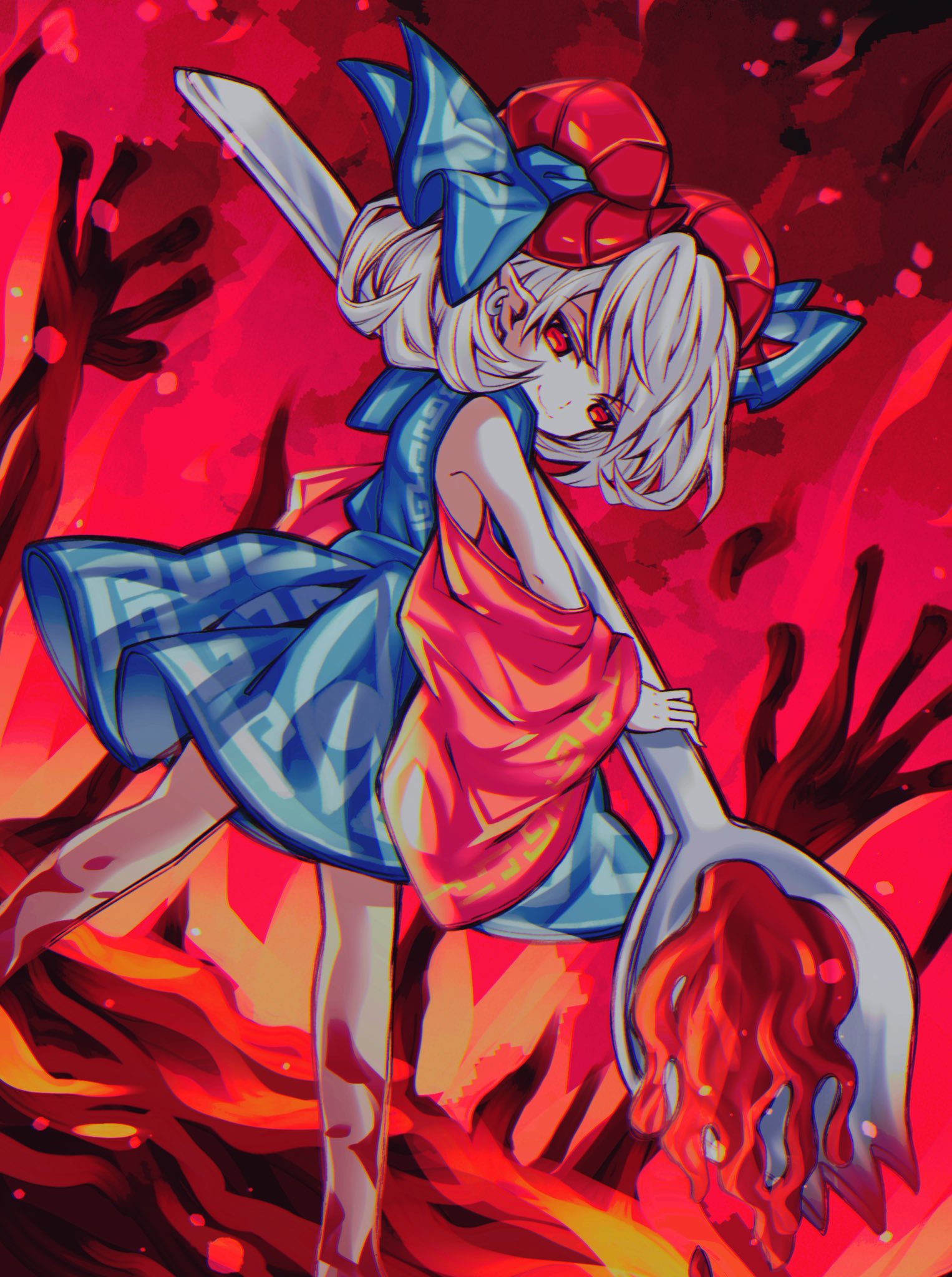 1girl bangs barefoot blue_dress curly_hair detached_sleeves dress earrings fire highres holding_spork horizontal_pupils horn_ornament horn_ribbon horns jewelry looking_at_viewer molten_rock oil oversized_object patterned_clothing pointy_ears rectangular_pupils red_eyes red_horns red_sleeves ribbon sheep_horns short_hair solo spork touhou toutetsu_yuuma utensil white_hair yuka_yukiusa