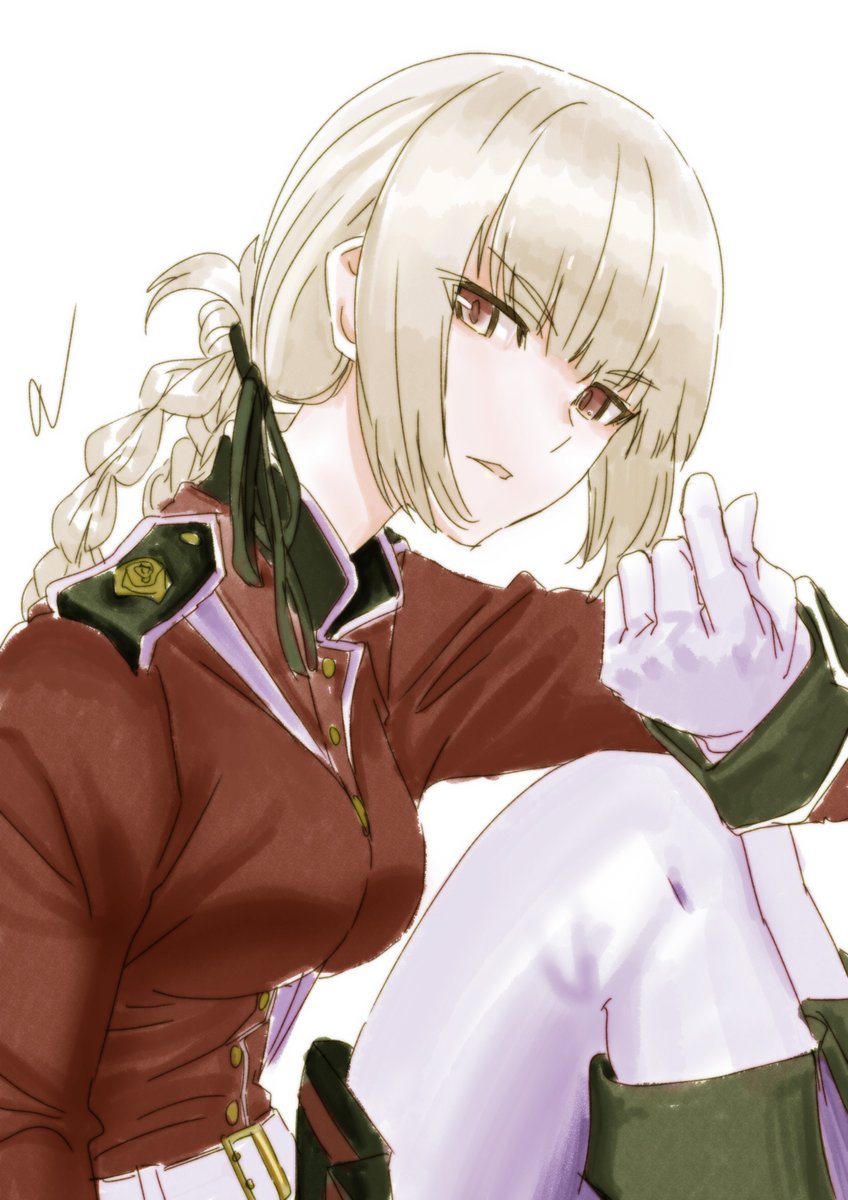 1girl bad_id bangs belt boots breasts buttons cwind eyebrows_visible_through_hair fate/grand_order fate_(series) florence_nightingale_(fate) gloves highres jacket long_hair looking_at_viewer non-web_source red_eyes red_jacket ribbon shoulder skirt solo solo_focus thigh-highs white_background white_hair