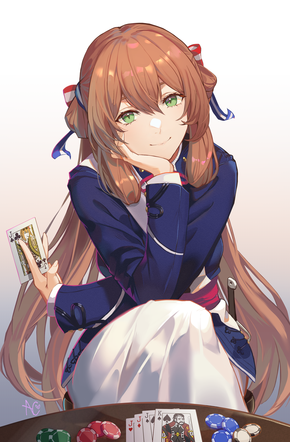 1girl bangs berezovich_kryuger_(girls'_frontline) blue_jacket brown_hair card closed_mouth commission dress english_commentary girls_frontline gradient gradient_background green_eyes hair_between_eyes hair_ribbon hand_on_own_cheek hand_on_own_face head_rest highres holding holding_card jacket kalina_(girls'_frontline) long_hair long_sleeves looking_at_viewer niac playing_card poker_chip ribbon signature sitting smile solo springfield_(girls'_frontline) white_dress