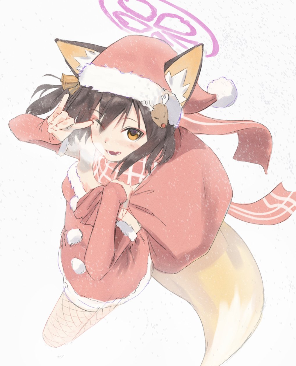 1girl animal_ear_fluff animal_ears arm_warmers blue_archive brown_hair christmas fang fishnet_legwear fishnets fox_ears fox_shadow_puppet fox_tail halo hat highres holding holding_sack izuna_(blue_archive) kidou_senshi_nama_ino light_blush looking_at_viewer medium_hair one_eye_closed one_side_up orange_eyes red_scarf reindeer_hair_ornament sack santa_costume santa_hat scarf simple_background skin_fang snowing solo striped striped_scarf tail white_background