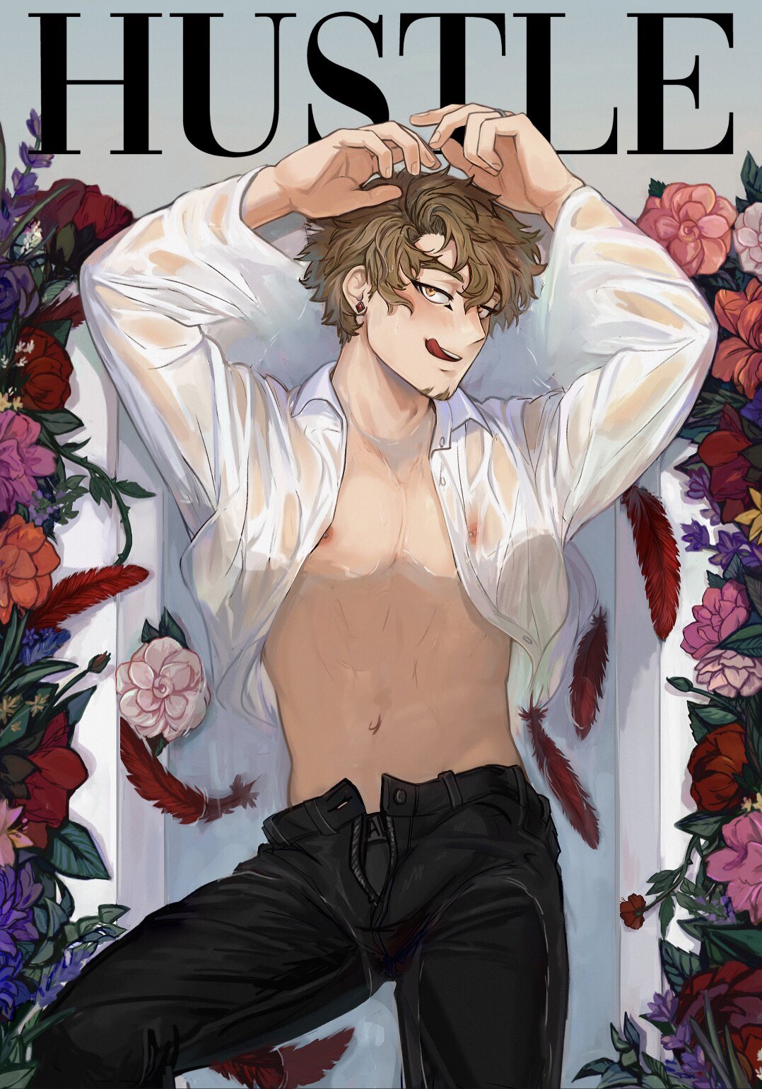 1boy arms_up bathtub black_male_underwear black_pants blonde_hair boku_no_hero_academia cover cowboy_shot ear_piercing earrings facial_hair facial_mark flower goatee hawks_(boku_no_hero_academia) highres jewelry keva_(liltkeva) licking_lips light_blush looking_at_viewer lying_on_water magazine_cover male_focus male_underwear naughty_face nipples open_clothes open_fly open_shirt pants parted_hair partially_submerged piercing red_feathers see-through_shirt shirt short_hair solo stubble stud_earrings tongue tongue_out underwear wet wet_clothes wet_shirt yellow_eyes