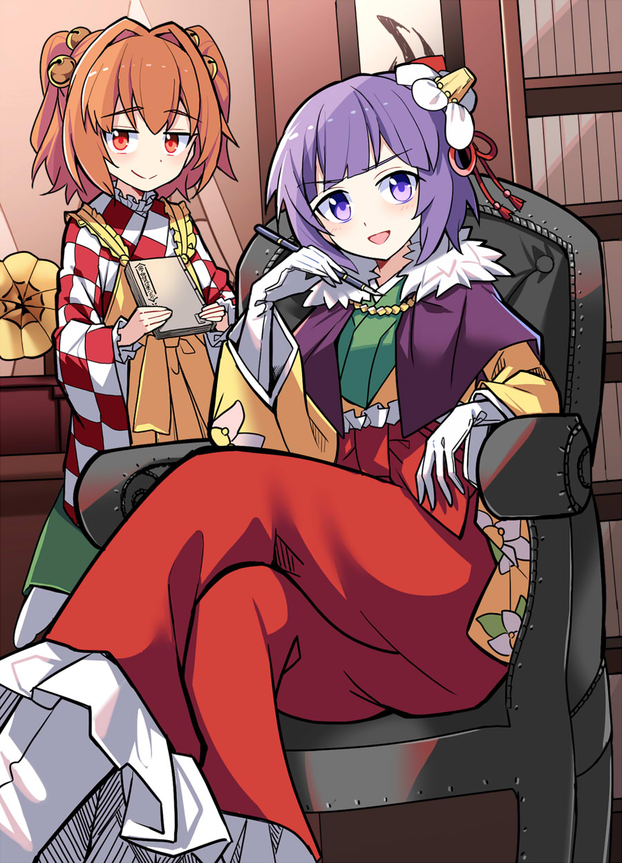 2girls agatha_chris_q_outfit_(touhou) apron bangs bell blunt_bangs blush book capelet chair checkered_clothes checkered_kimono closed_mouth crossed_legs e.o. elbow_gloves floral_print flower forbidden_scrollery frilled_apron frilled_skirt frills fur-trimmed_capelet fur_trim gloves green_kimono green_skirt hair_bell hair_flower hair_ornament hieda_no_akyuu highres holding holding_book holding_pen indoors japanese_clothes jingle_bell kimono library long_skirt long_sleeves motoori_kosuzu multiple_girls nib_pen_(object) open_mouth orange_eyes orange_hair pen phonograph purple_capelet purple_hair red_kimono red_ribbon red_skirt ribbon short_hair sitting skirt smile socks tabi touhou two-tone_kimono v-shaped_eyebrows violet_eyes white_gloves white_kimono white_legwear wide_sleeves yellow_apron yellow_kimono