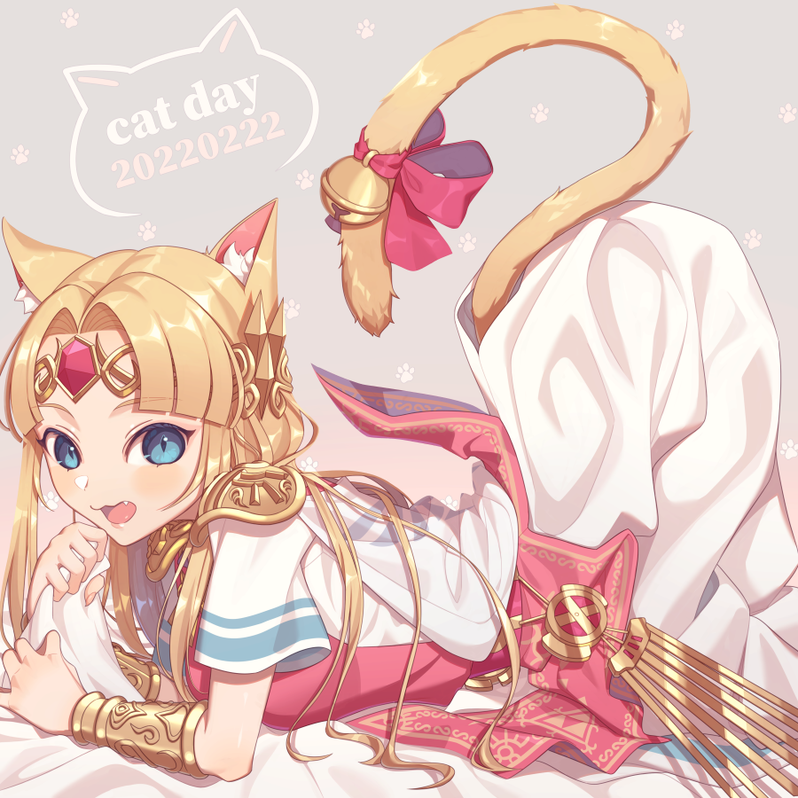 1girl animal_ear_fluff animal_ears bell blonde_hair blue_eyes cat_day cat_ears cat_tail dated dress english_commentary english_text fang feet_out_of_frame grey_background jingle_bell long_hair looking_at_viewer lying miri_(cherryjelly) on_stomach open_mouth princess_zelda short_sleeves simple_background solo super_smash_bros. tail white_dress