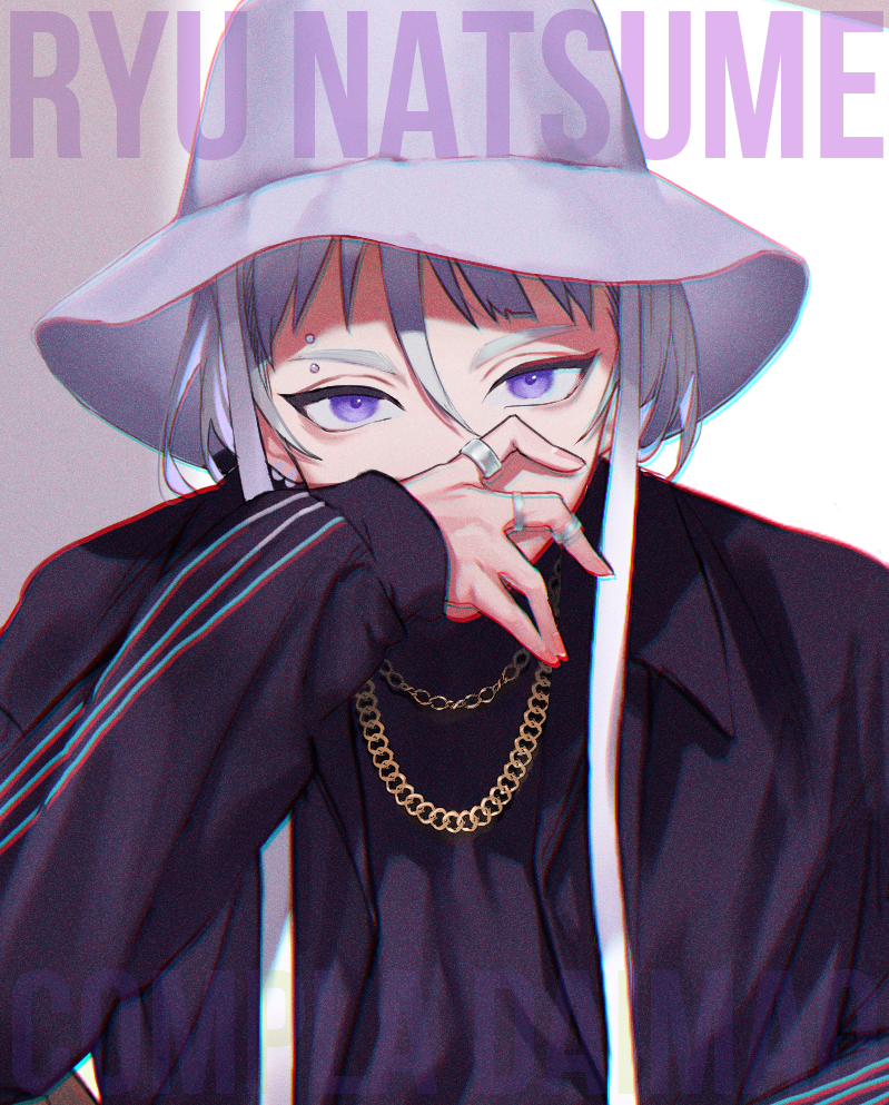1boy body_piercings covering_mouth grey_background hat jacket jewelry long_sleeves looking_at_viewer male_focus multicolored_background natsume_ryu necklace nyamnyam0502 paradox_live purple_hair ring solo violet_eyes white_background