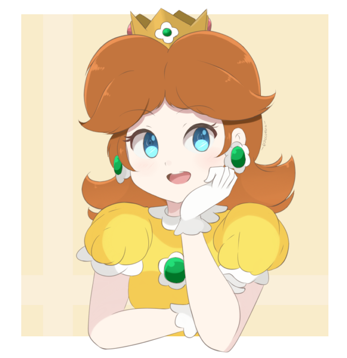 1girl blue_eyes border brooch brown_hair chocomiru crown dress earrings hand_on_own_face jewelry looking_to_the_side open_mouth princess_daisy short_hair smile solo super_mario_bros. tiara upper_body white_border yellow_dress