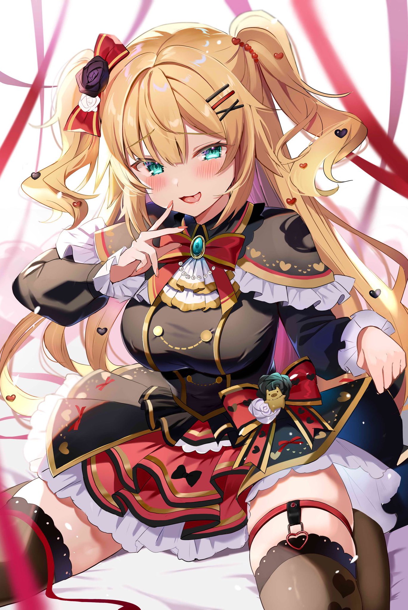 1girl akai_haato bangs black_capelet black_dress blonde_hair blue_eyes blush bow bowtie breasts brown_legwear capelet dress eyebrows_visible_through_hair frilled_capelet frilled_sleeves frills garters hair_bow hair_ornament hairclip heart heart_hair_ornament highres hololive large_breasts long_hair long_sleeves looking_at_viewer on_bed red_bow red_bowtie red_ribbon ribbon satoupote sitting sitting_on_bed solo thigh-highs tongue tongue_out two_side_up very_long_hair virtual_youtuber wariza x_hair_ornament