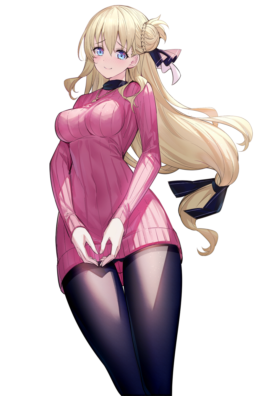 1girl agnes_claudel ass_visible_through_thighs bangs black_legwear black_ribbon blonde_hair blue_eyes blush braid breasts closed_mouth commentary_request eiyuu_densetsu eyebrows_visible_through_hair hair_between_eyes hair_bun hair_ribbon highres impossible_clothes impossible_sweater kuro_no_kiseki large_breasts long_hair looking_at_viewer pantyhose pink_sweater ribbed_sweater ribbon ririko_(zhuoyandesailaer) side_bun simple_background smile solo sweater very_long_hair white_background