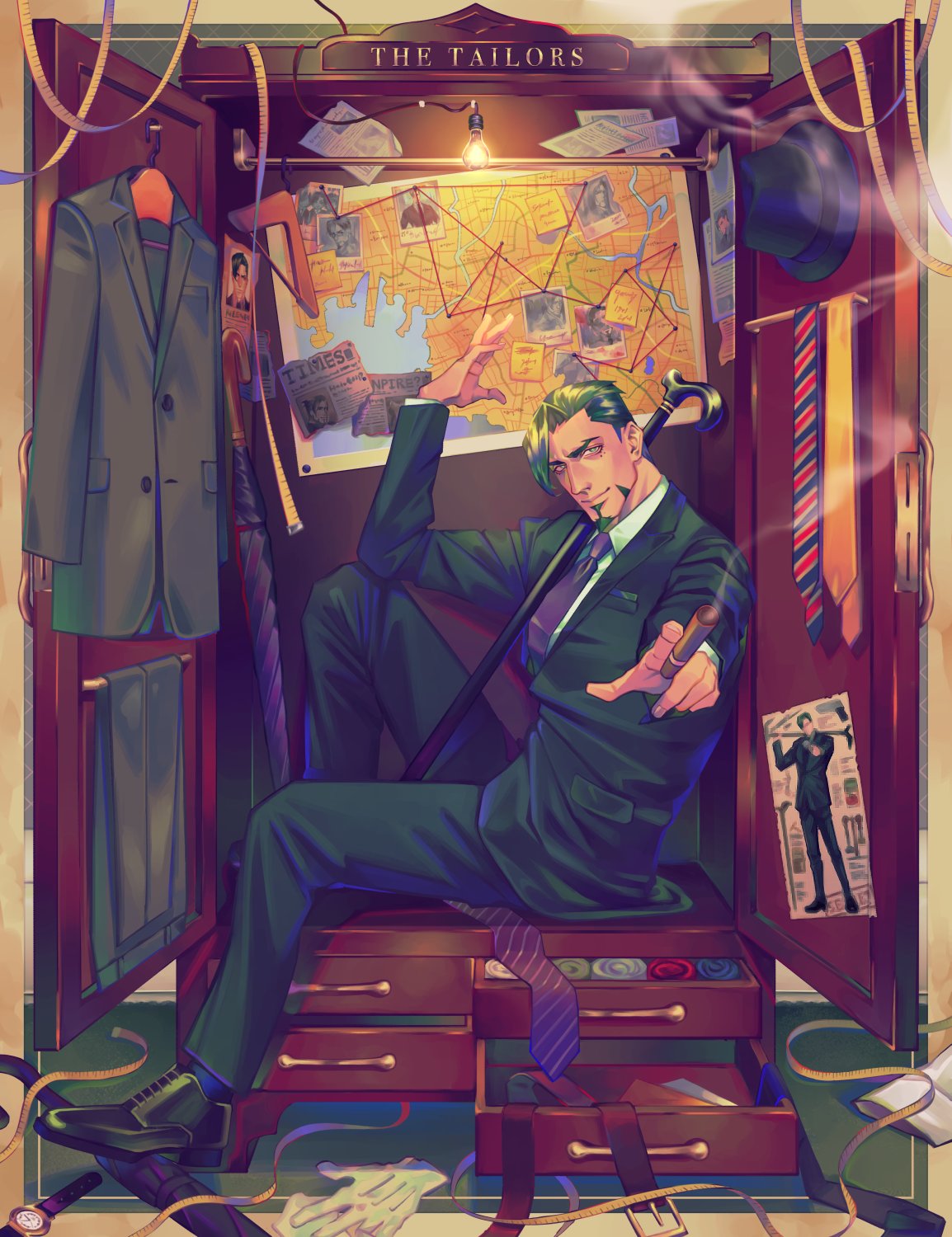 1boy cigar closed_mouth coat commentary formal green_hair highres long_sleeves looking_at_viewer male_focus mature_male muscular muscular_male necktie original pants reisei_zero shirt shoes short_hair smile smoke smoking solo suit