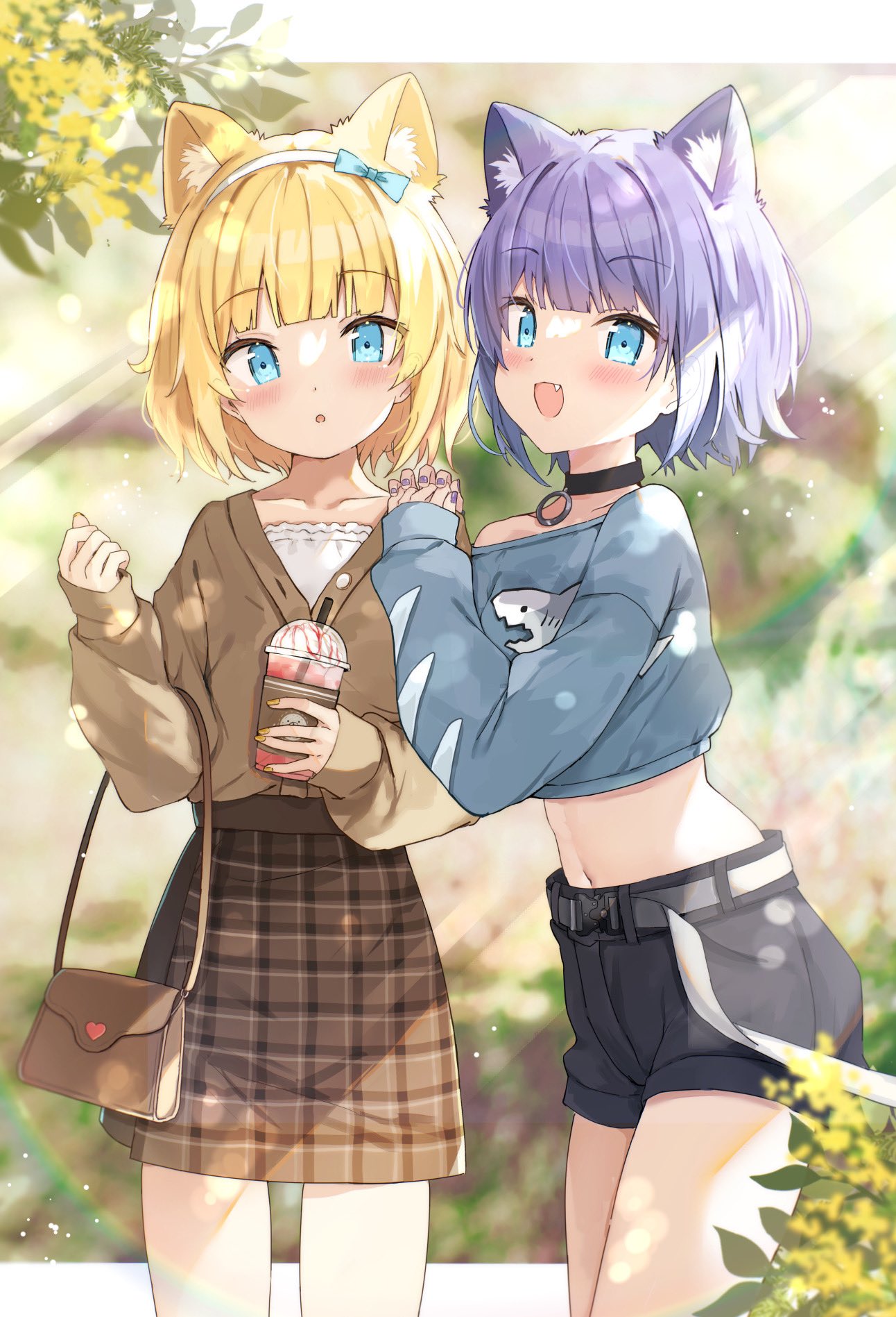 2girls :d :o animal_ear_fluff animal_ears bag bangs belt belt_buckle black_choker black_shorts blonde_hair blue_bow blue_eyes blue_shirt blurry blurry_background blush bow brown_jacket brown_nails brown_skirt buckle camisole choker commentary crop_top cup depth_of_field disposable_cup drinking_straw eyebrows_visible_through_hair fang fox_ears hair_bow hairband hands_on_another's_shoulder highres holding holding_cup jacket long_sleeves looking_at_viewer midriff multiple_girls nail_polish navel off_shoulder own_hands_together parted_lips plaid plaid_skirt puffy_long_sleeves puffy_sleeves purple_hair purple_nails rukiroki saeki_sora sasugano_roki sasugano_ruki shirt short_shorts shorts shoulder_bag siblings sisters skirt sleeves_past_wrists smile symbol-only_commentary twintails virtual_youtuber white_belt white_camisole white_hairband