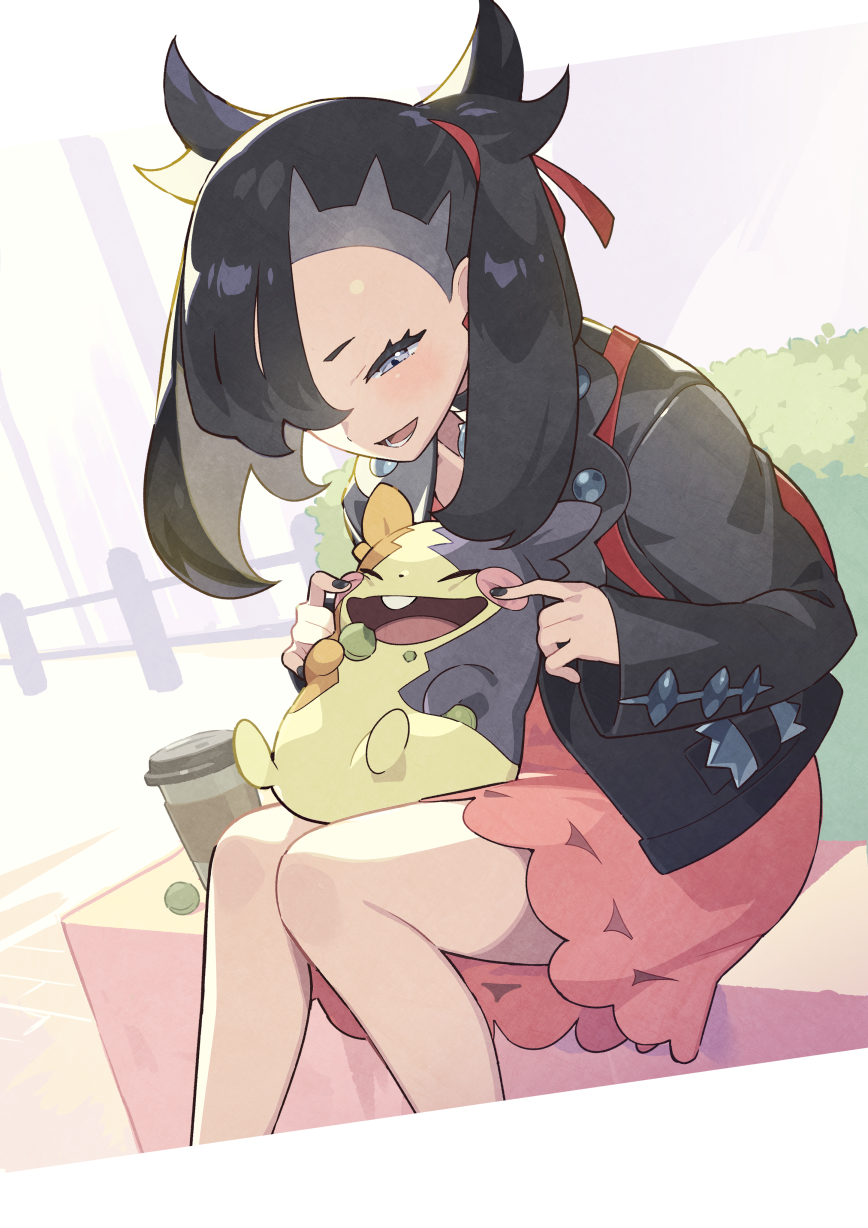 1girl backpack bag black_hair black_jacket black_nails bush cheek_pinching coffee_cup commentary_request cup disposable_cup dress eating fence food green_eyes hair_over_one_eye hair_ribbon highres jacket kin_niku looking_at_another marnie_(pokemon) morpeko on_lap open_mouth pinching pink_dress pokemon pokemon_(creature) pokemon_(game) pokemon_on_lap pokemon_swsh ribbon short_dress sitting smile stretching_cheeks twintails