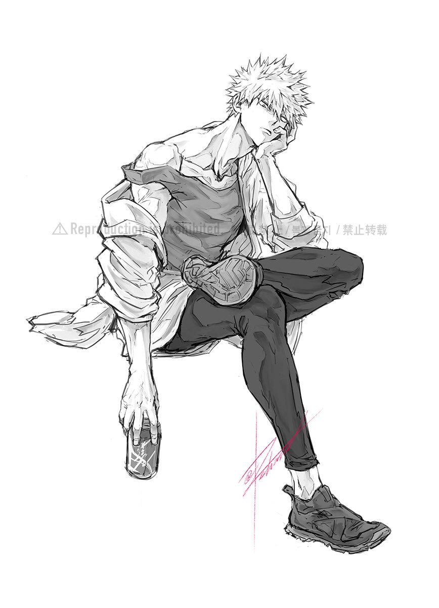 1boy bakugou_katsuki bangs boku_no_hero_academia can crossed_legs drink elbow_on_thigh full_body greyscale haru_(reharux035) highres holding holding_can leggings legwear_under_shorts long_sleeves looking_at_viewer male_focus monochrome off_shoulder overshirt shirt_under_shirt shoes short_hair shorts signature sitting sitting_on_object sketch sleeves_rolled_up sneakers solo spiky_hair spot_color tank_top toned toned_male twitter_username workout_clothes