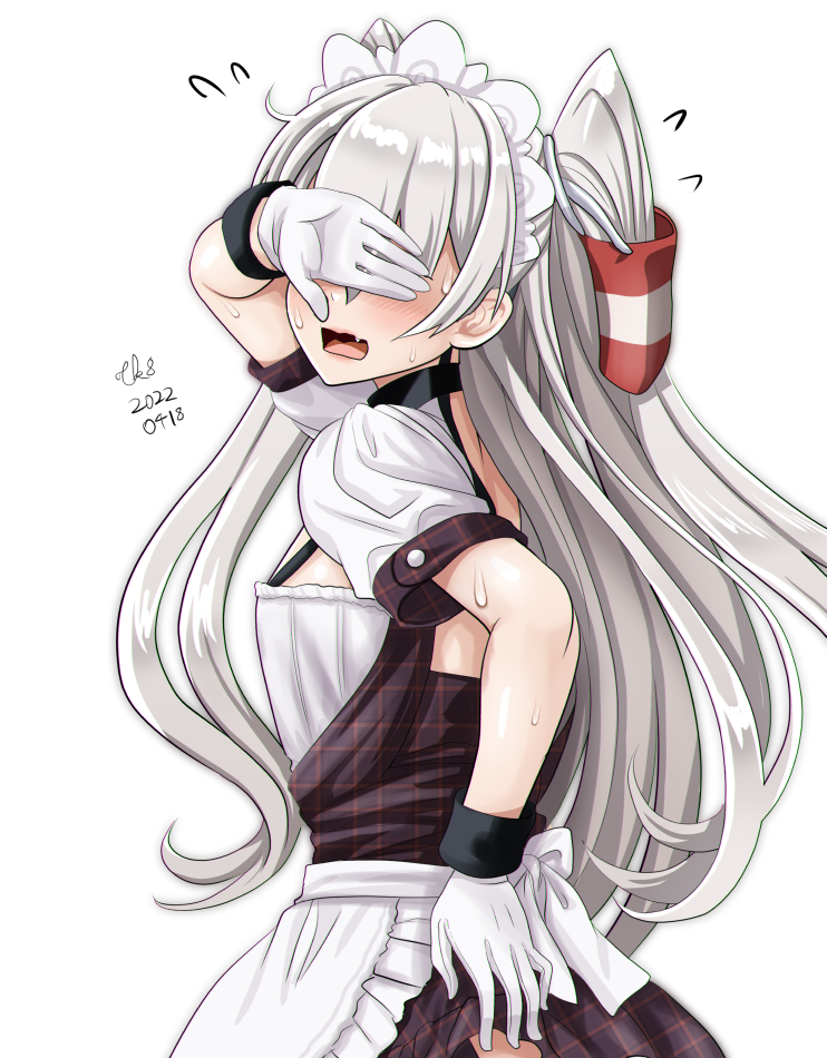 1girl alternate_costume amatsukaze_(kancolle) apron covering_eyes enmaided frilled_apron frills gloves hair_tubes kantai_collection long_hair maid maid_apron maid_headdress out-of-frame_censoring short_sleeves silver_hair solo tk8d32 two_side_up waist_apron white_apron white_gloves windsock