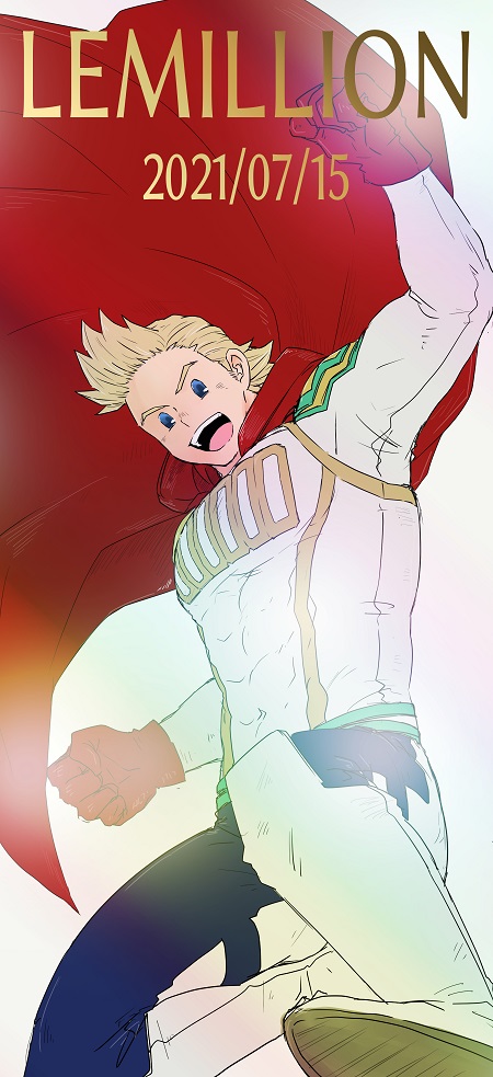 1boy :d birthday blonde_hair blue_eyes bodysuit boku_no_hero_academia boots cape character_name costume dated full_body gloves knee_boots looking_at_viewer male_focus muscular muscular_male number_pun open_mouth quiff red_cape red_gloves short_hair smile solo tama4664amat togata_mirio white_footwear