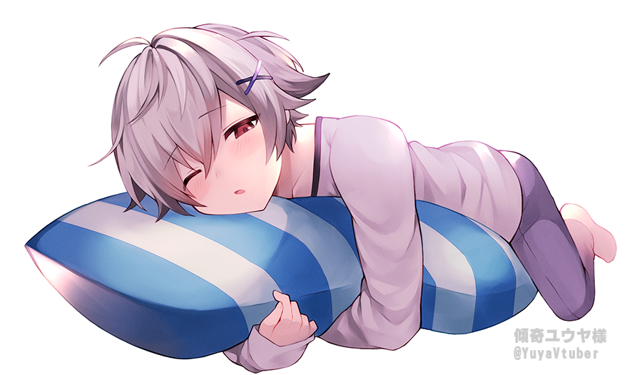 1boy brown_hair full_body grey_hair hair_ornament hairclip indie_virtual_youtuber long_sleeves looking_at_viewer lying male_focus memo_haco multicolored_hair object_hug one_eye_closed pants pillow pillow_hug red_eyes shirt short_hair sleepy solo virtual_youtuber white_background white_shirt yuya_(vtuber)