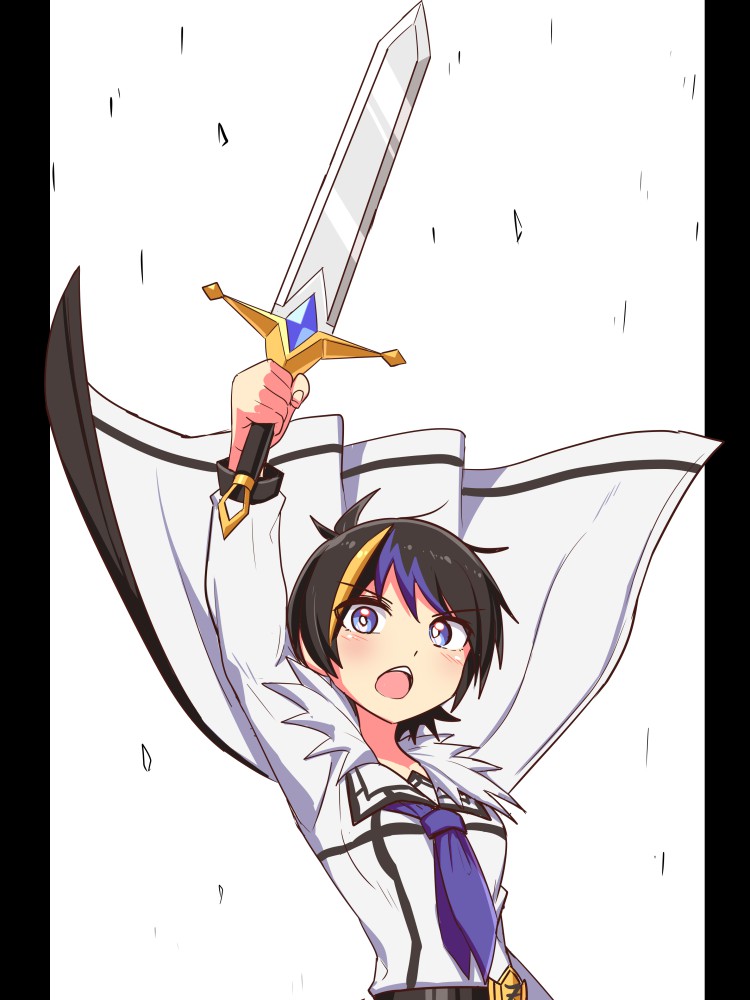 1girl beatus_creation black_border black_hair blue_eyes border breasts cape cougar_(cougar1404) looking_at_viewer multicolored_hair open_mouth short_hair solo sword weapon