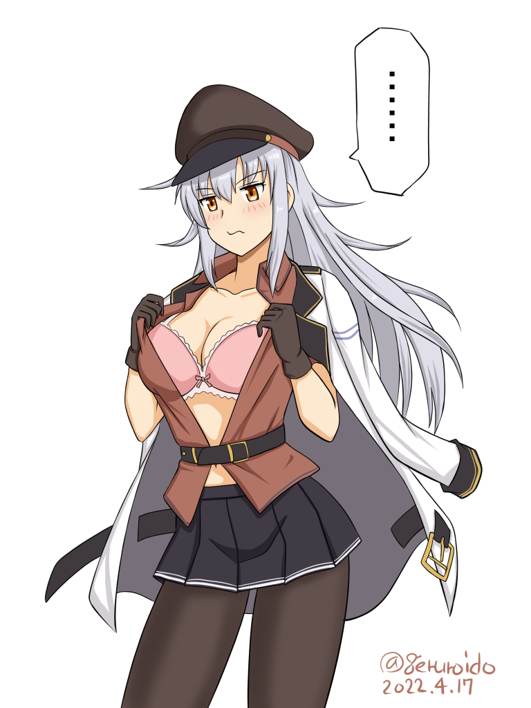 ... 1girl black_gloves black_headwear black_legwear black_skirt bra breasts commentary_request contrapposto cowboy_shot dated gangut_(kancolle) gangut_dva_(kancolle) geru gloves grey_hair hat kantai_collection large_breasts long_hair one-hour_drawing_challenge open_clothes pantyhose peaked_cap pink_bra red_eyes red_shirt shirt short_sleeves simple_background skirt solo spoken_ellipsis twitter_username underwear white_background