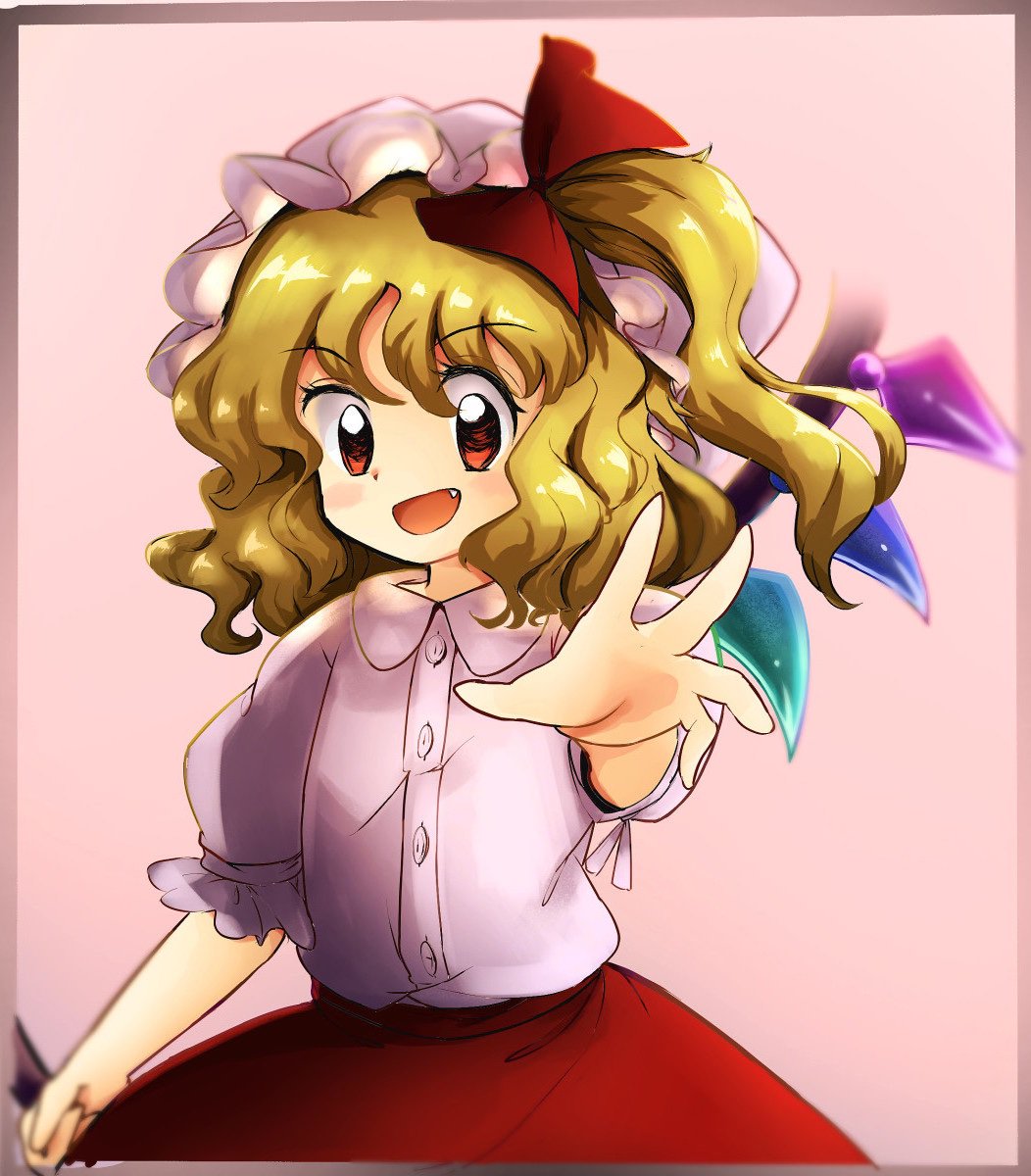 1980s_(style) bad_id bad_twitter_id bangs blonde_hair bow collared_shirt crystal embodiment_of_scarlet_devil eyebrows_visible_through_hair fang flandre_scarlet hair_bow hat highres laevatein_(touhou) medium_hair mob_cap open_mouth puffy_short_sleeves puffy_sleeves red_bow red_eyes red_skirt retro_artstyle shirt short_sleeves side_ponytail skirt takemoto_izumi_(style) touhou wavy_hair white_headwear white_shirt wings yatyou