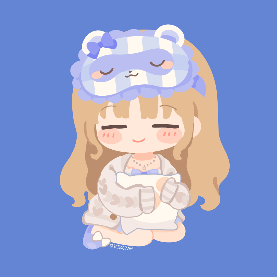 1girl =_= bangs blonde_hair blue_background blue_dress blue_footwear blush blush_stickers cardigan chibi closed_mouth commentary_request dress eye_mask eyebrows_visible_through_hair grey_cardigan holding holding_pillow jewelry long_hair necklace nijisanji pajamas pillow rizu_(rizunm) seiza simple_background sister_cleaire sitting slippers smile solo twitter_username virtual_youtuber