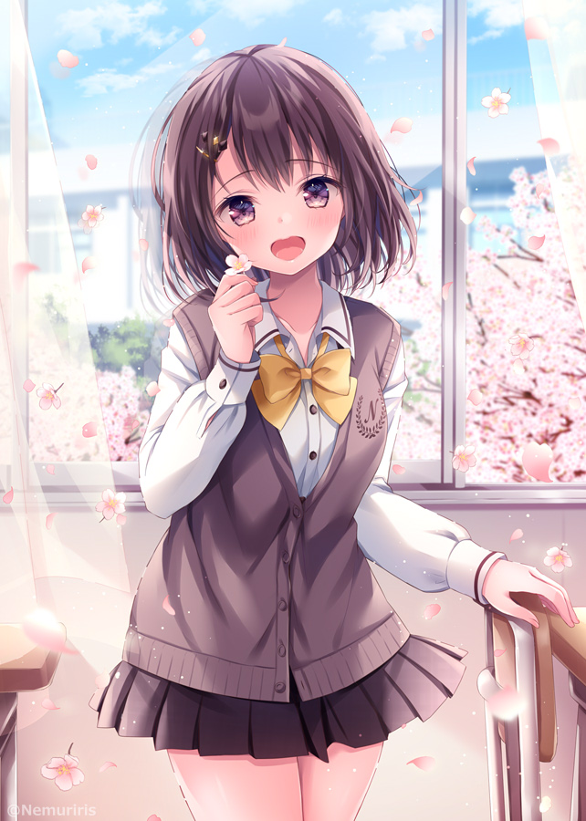 1girl :d black_hair black_skirt blush bow branch brown_eyes cardigan_vest chair cherry_blossoms collared_shirt commentary_request curtains day desk dress_shirt flower hand_up holding holding_flower indoors long_sleeves looking_at_viewer nemuri_nemu open_window original pleated_skirt school_chair school_desk school_uniform shirt skirt smile solo standing transparent white_flower window yellow_bow