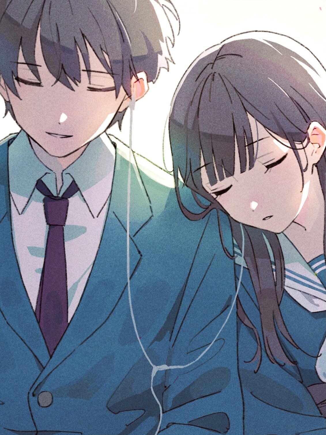 backlighting closed_eyes collared_shirt couple earphones highres leaning_on_person mele_ck red_tie school_uniform shirt sleeping sleeping_on_person smile