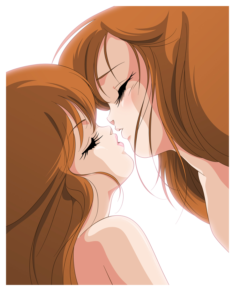 2girls artist_request bangs bare_shoulders brown_hair close-up closed_eyes cream_lemon eyebrows_visible_through_hair eyelashes face-to-face highres imminent_kiss lips long_hair multiple_girls photoshop_(medium) pink_lips simple_background white_background yuri