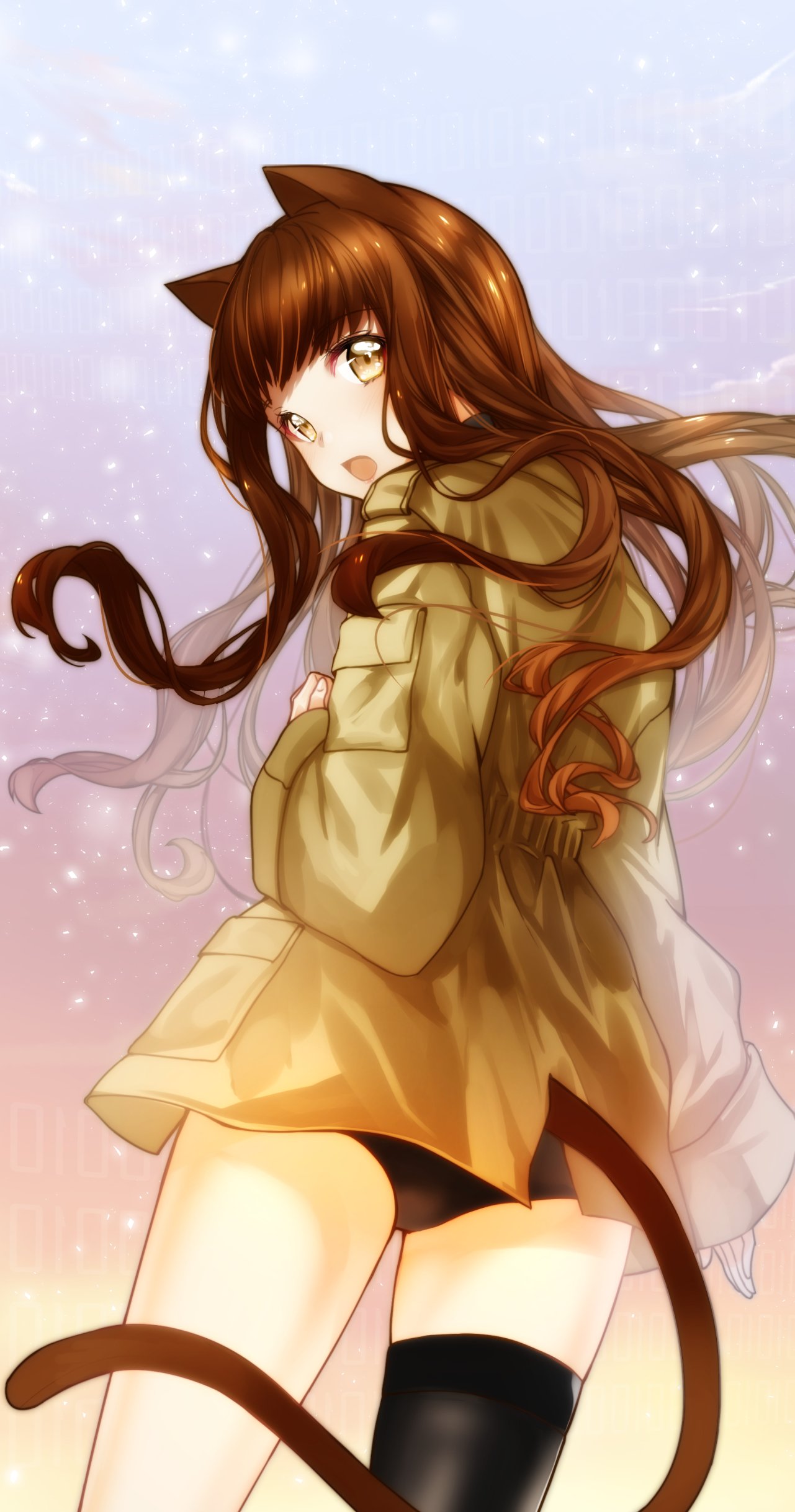 1girl absurdres animal_ears black_legwear black_panties brown_hair cat_ears cat_girl cat_tail coat code_none cowboy_shot eyebrows eyebrows_visible_through_hair fate/extra fate_(series) feet_out_of_frame floating_hair from_behind highres kishinami_hakuno_(female) long_hair long_sleeves looking_back open_mouth panties shiny shiny_hair single_thighhigh solo standing tail thigh-highs thighs underwear very_long_hair yellow_coat yellow_eyes