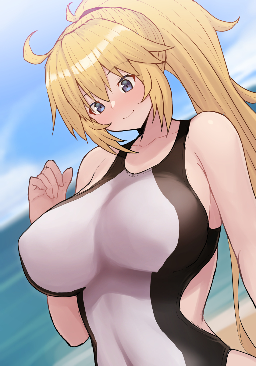 1girl bangs bare_shoulders blonde_hair blue_eyes blue_sky breasts collarbone fate/grand_order fate_(series) high_ponytail highres jeanne_d'arc_(fate) jeanne_d'arc_(swimsuit_archer)_(fate) large_breasts long_hair one-piece_swimsuit pononozo sky smile solo swimsuit very_long_hair