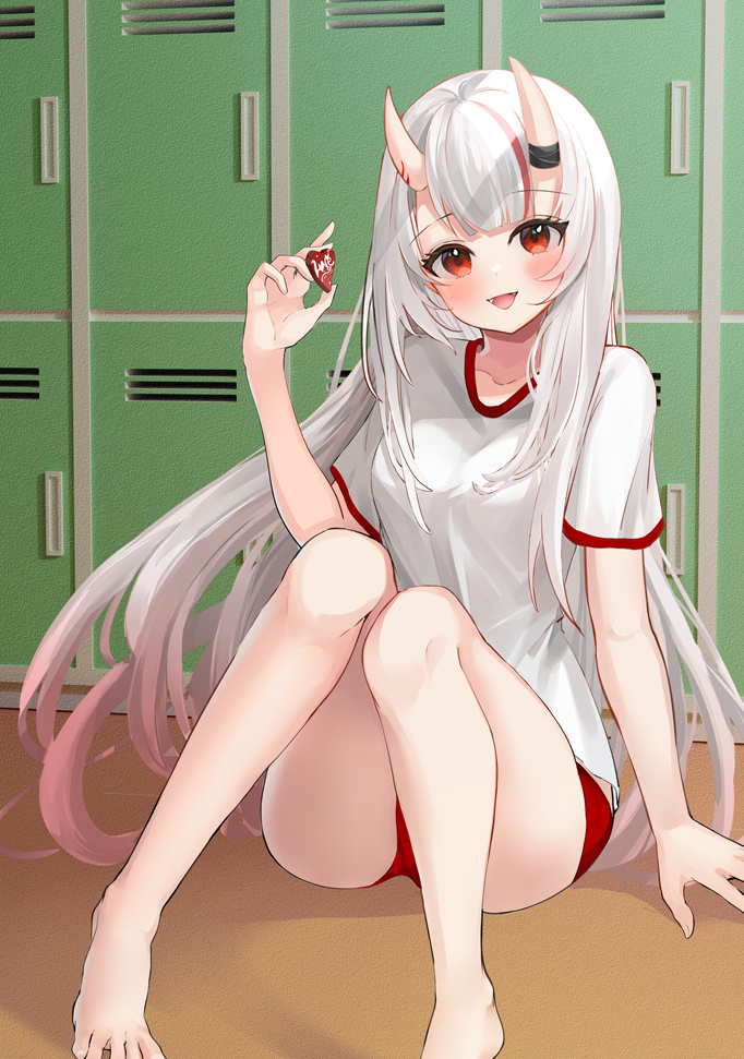 1girl bloomers blush buruma candy chocolate collarbone food heart heart-shaped_chocolate holding holding_chocolate holding_food hololive horns legs locker long_hair looking_at_viewer multicolored_hair nakiri_ayame on_floor oni oni_horns open_mouth red_eyes shancha smile solo sweets thighs two-tone_hair underwear white_hair
