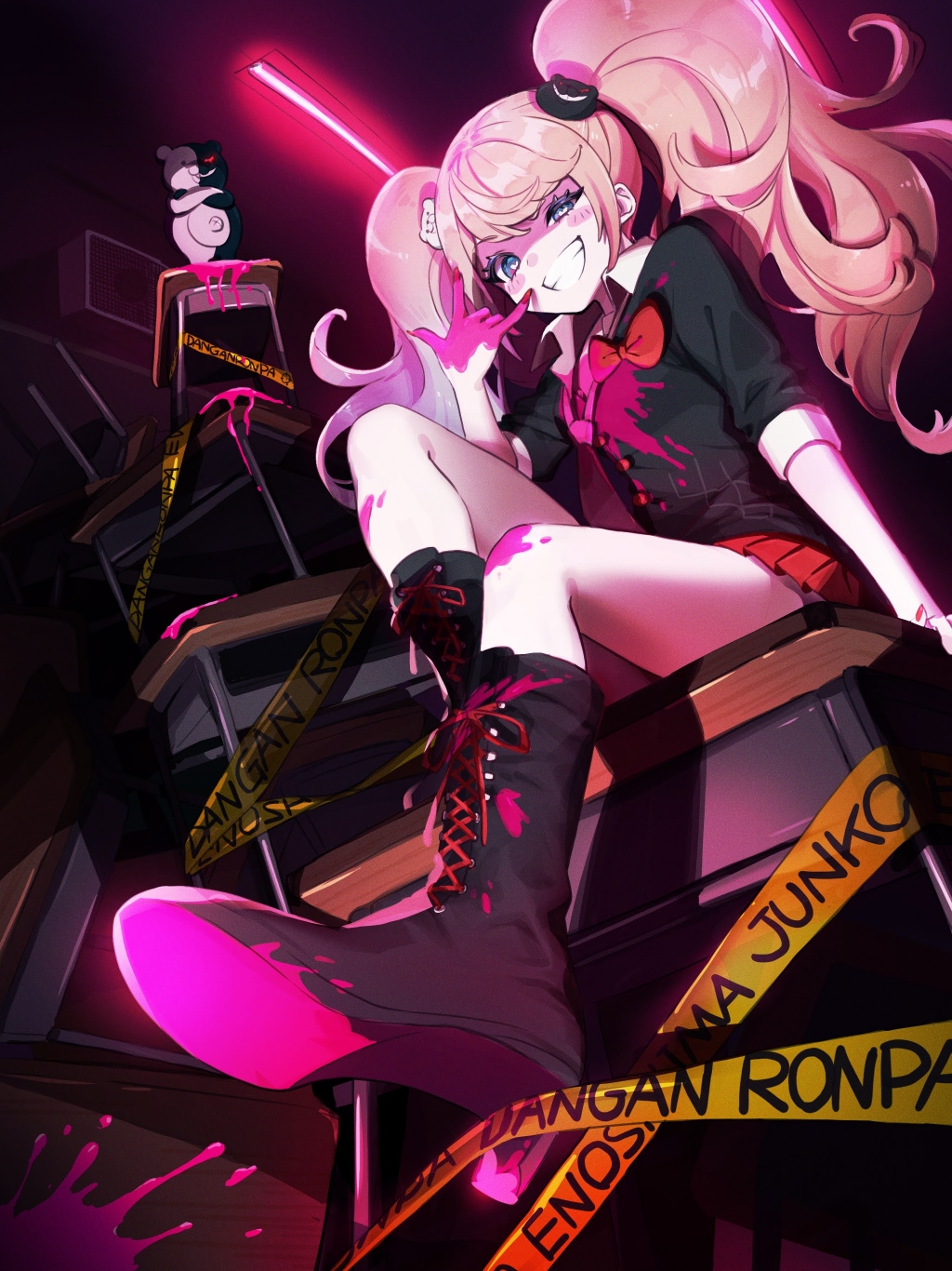 1girl bangs black_footwear black_shirt blood boots bow character_name commentary_request copyright_name danganronpa:_trigger_happy_havoc danganronpa_(series) desk enoshima_junko gaogao_(gaogaomegu) grin high_heel_boots high_heels highres knee_boots long_hair long_sleeves looking_at_viewer miniskirt monokuma necktie pink_blood pink_necktie pleated_skirt red_bow red_skirt school_desk shirt sitting skirt smile standing teeth twintails