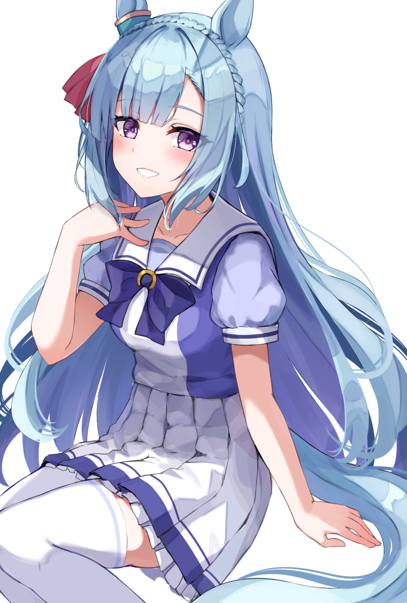 1girl animal_ears bangs blue_hair blush bow bowtie braid breasts collarbone crown_braid feet_out_of_frame frilled_skirt frills highres horse_ears horse_girl horse_tail light_blue_hair long_hair mejiro_ardan_(umamusume) pleated_skirt puffy_short_sleeves puffy_sleeves sailor_collar sailor_shirt sazamiso_rx school_uniform serafuku shirt short_sleeves sitting skirt smile solo summer_uniform tail thigh-highs tracen_school_uniform umamusume violet_eyes white_legwear