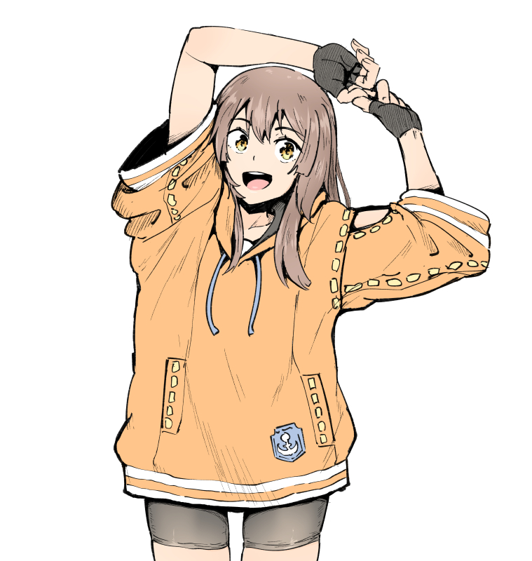 anchor_symbol arms_up bangs bike_shorts black_gloves black_shorts brown_hair commentary eyebrows_visible_through_hair fingerless_gloves gloves guilty_gear guilty_gear_strive hood hoodie long_hair long_sleeves looking_at_viewer may_(guilty_gear) open_mouth orange_hoodie ponkotsu shorts smile solo teeth upper_teeth white_background wide_sleeves yellow_eyes
