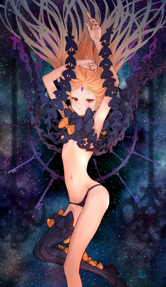 1girl abigail_williams_(fate) abigail_williams_(second_ascension)_(fate) black_bow black_footwear black_legwear black_panties blonde_hair bow breasts fate/grand_order fate_(series) foot_out_of_frame forehead io_(io_oekaki) key keyhole long_hair mary_janes navel orange_bow panties parted_lips polka_dot polka_dot_bow red_eyes revealing_clothes shoes single_thighhigh small_breasts space thigh-highs underwear very_long_hair