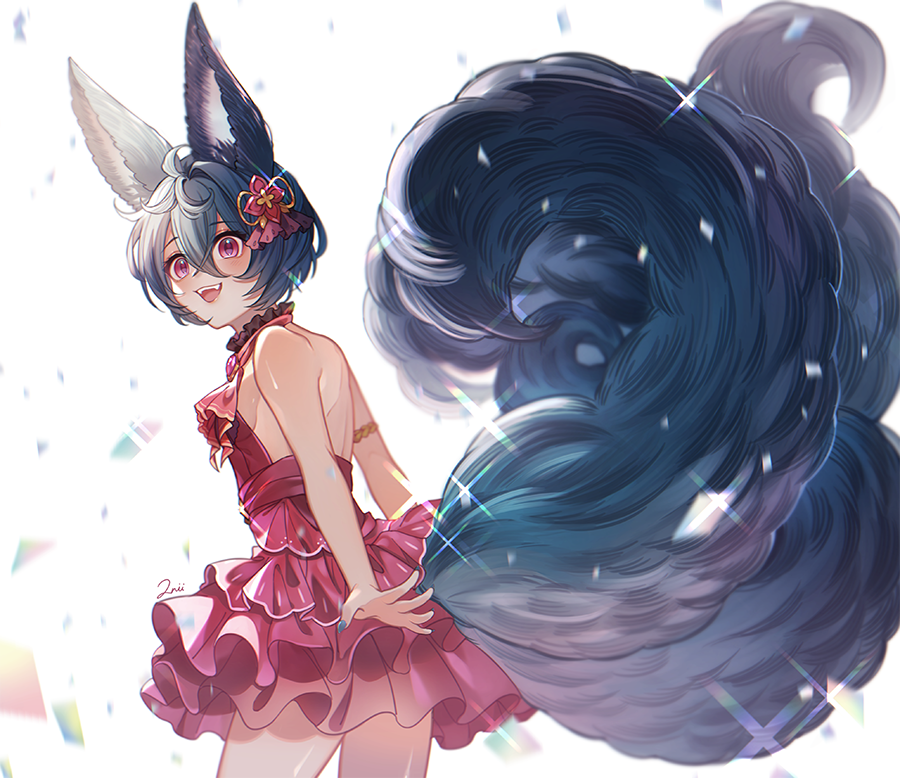 1girl 2nii animal_ears artist_name ascot backless_dress backless_outfit bangs blue_nails blush breasts confetti cowboy_shot dress erune fangs fluffy granblue_fantasy hair_ornament looking_at_viewer looking_to_the_side multiple_tails open_mouth red_dress red_eyes short_hair sideboob small_breasts smile solo sparkle tail teeth upper_teeth you_(granblue_fantasy)