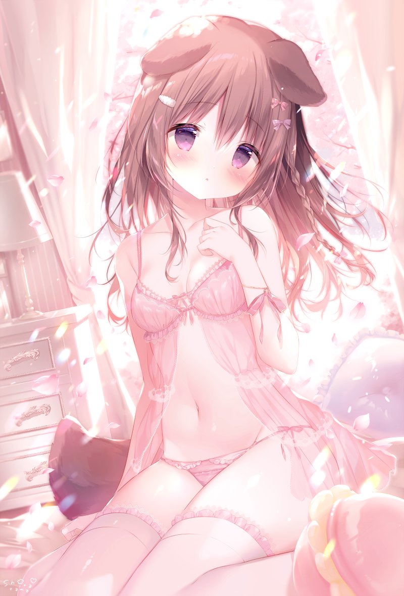 1girl :o animal_ears babydoll bangs bare_arms bare_shoulders blush braid breasts brown_hair collarbone commentary_request dog_ears dog_girl dog_tail eyebrows_visible_through_hair frilled_legwear hair_between_eyes hair_ornament hairclip hand_up head_tilt indoors long_hair looking_at_viewer original panties parted_lips petals pink_panties shiratama_(shiratamaco) side-tie_panties sitting small_breasts solo tail thigh-highs underwear violet_eyes wariza white_legwear
