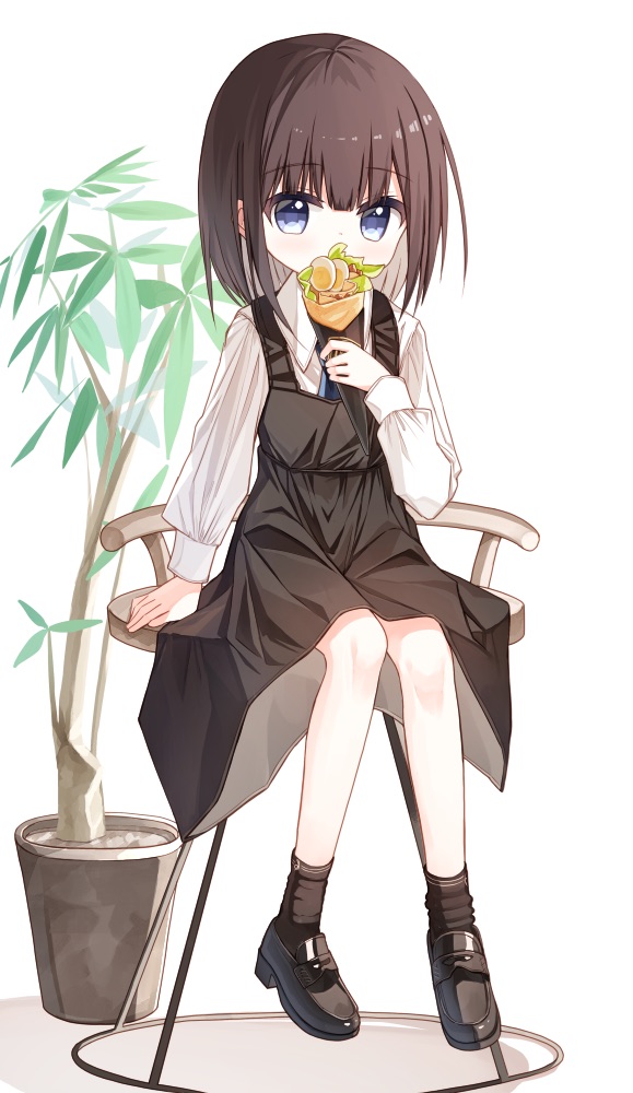 1girl bangs black_dress black_footwear black_hair black_legwear blue_eyes blue_necktie collared_shirt commentary_request covered_mouth crepe dress eyebrows_visible_through_hair food full_body holding holding_food loafers long_sleeves looking_at_viewer necktie original plant potted_plant puffy_long_sleeves puffy_sleeves shirt shoes sitting sleeveless sleeveless_dress socks solo stool white_background white_shirt yuuhagi_(amaretto-no-natsu)