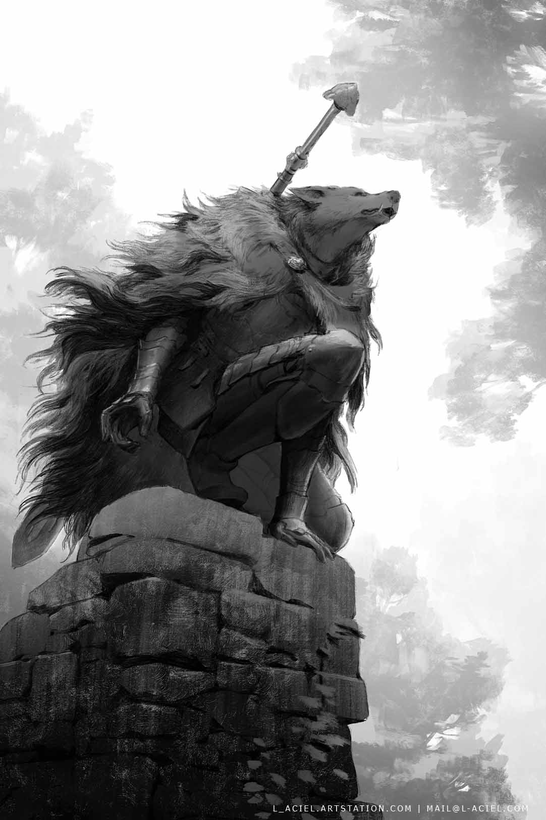 1boy animal_ears animal_nose armor armored_boots artist_name artstation_username blaidd_the_half-wolf boots breastplate brick_wall cloak closed_mouth commentary day elden_ring email_address fangs fur_cloak furry furry_male gauntlets greyscale highres jpeg_artifacts l_aciel male_focus monochrome one_knee outdoors snout solo sword tree watermark weapon weapon_on_back web_address wolf_boy wolf_ears