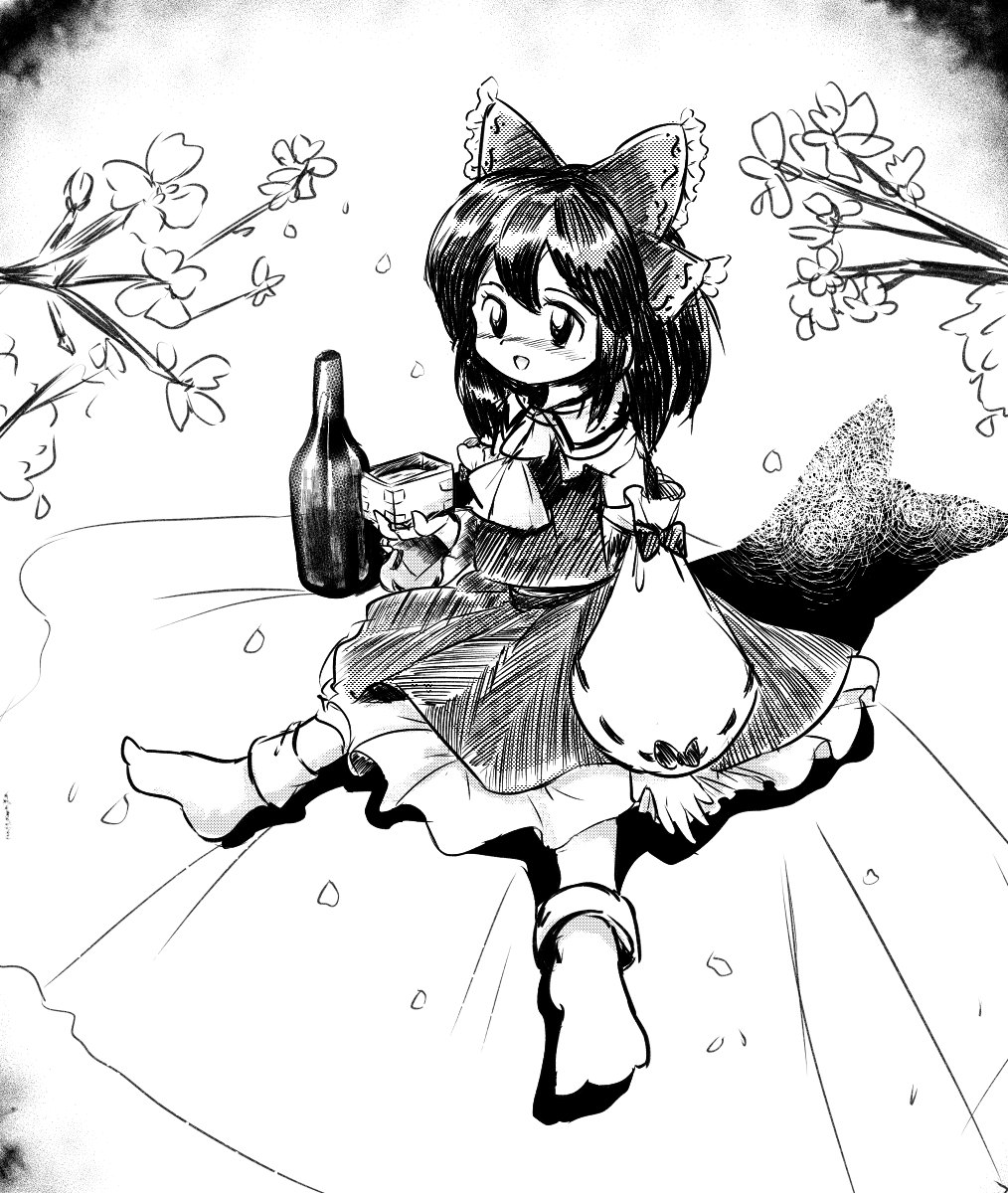 1980s_(style) 1girl alcohol ascot bad_id bad_twitter_id bangs blush bottle bow cherry_blossoms commentary_request detached_sleeves drink drunk frilled_bow frilled_skirt frills greyscale hair_bow hair_tubes hakurei_reimu highres long_sleeves masu medium_hair monochrome open_mouth retro_artstyle ribbon-trimmed_sleeves ribbon_trim sake sake_bottle sitting skirt socks takemoto_izumi_(style) touhou vest wide_sleeves yatyou