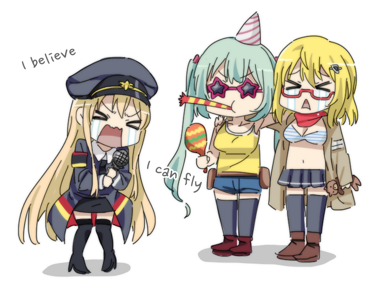 &gt;_&lt; 3girls arm_around_shoulder as_val_(girls'_frontline) bikini black_legwear blonde_hair bow breasts camisole chibi commentary crying english_text eyebrows_visible_through_hair girls_frontline hair_bow hair_ornament hairclip hat instrument karaoke korean_commentary large_breasts long_hair lyrics maracas micro_uzi_(dorky_sleepyhead)_(girls'_frontline) micro_uzi_(girls'_frontline) microphone multiple_girls music navel official_alternate_costume open_mouth party_hat party_horn short_hair sidarim simple_background singing skirt standing star-shaped_eyewear stg44_(girls'_frontline) striped striped_bikini swimsuit t_t triangle_mouth white_background yellow_camisole