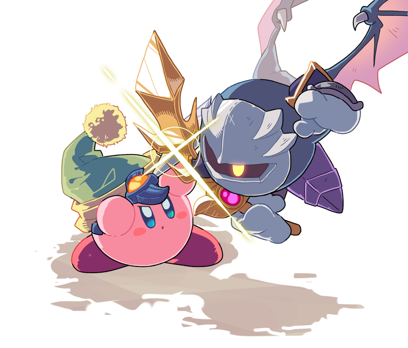 armor blue_eyes copy_ability duel fighting galaxia_(sword) gloves glowing glowing_eyes kirby kirby_(series) mask meta_knight mutekyan no_humans shadow shoulder_armor sword sword_fight weapon white_background wings yellow_eyes